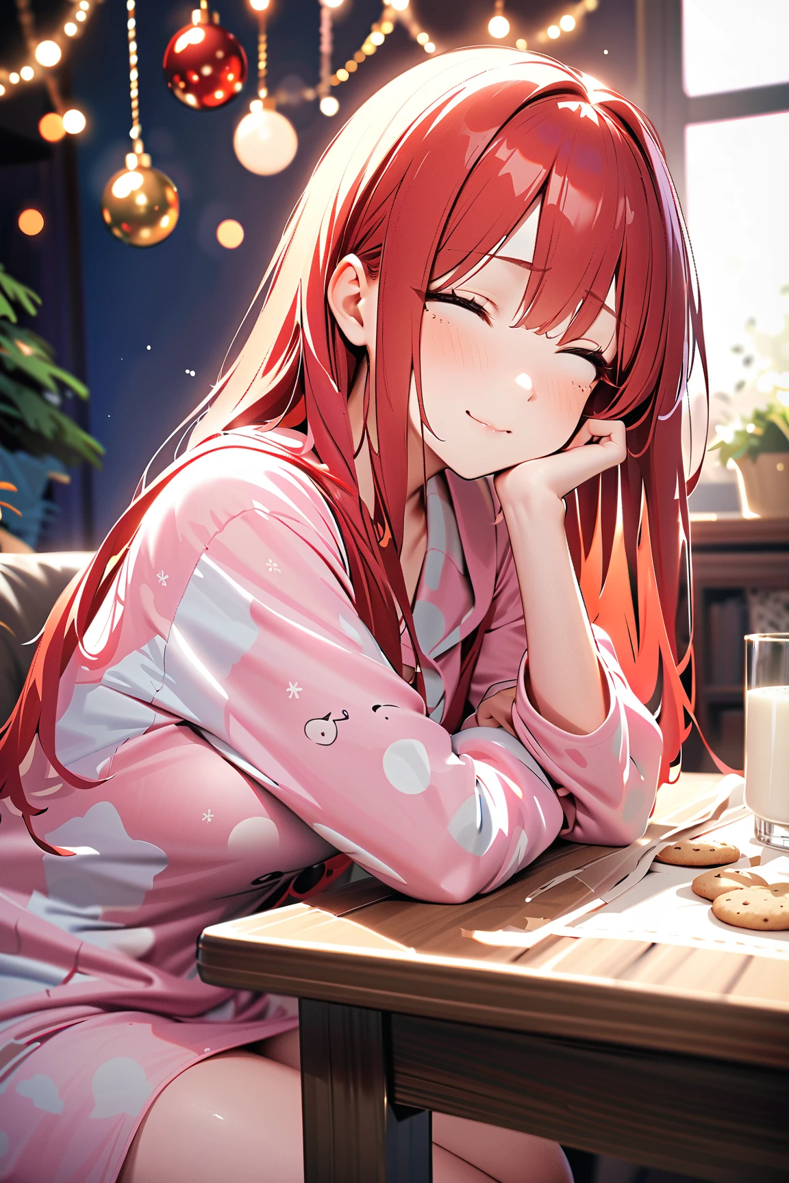 1 girl, (cute face), , long hair, (sleepy expression), (head resting on a table), medium breasts, slim, (wearing festive pajamas with whimsical patterns), knee length, (fair skin),  
BREAK  
Cozy living room, decorated with Christmas lights, cookies and milk on the table, (sitting at the table with droopy eyes:1.2), (dreaming of Santa:1.2), indoors  
BREAK  
(warm lighting, cheerful decorations, playful details), humorous and cozy atmosphere, character focus,  
BREAK  
high fantasy, game cg, absurdres, highres, ultra detailed, beautiful, (masterpiece), (best quality:1.2),
