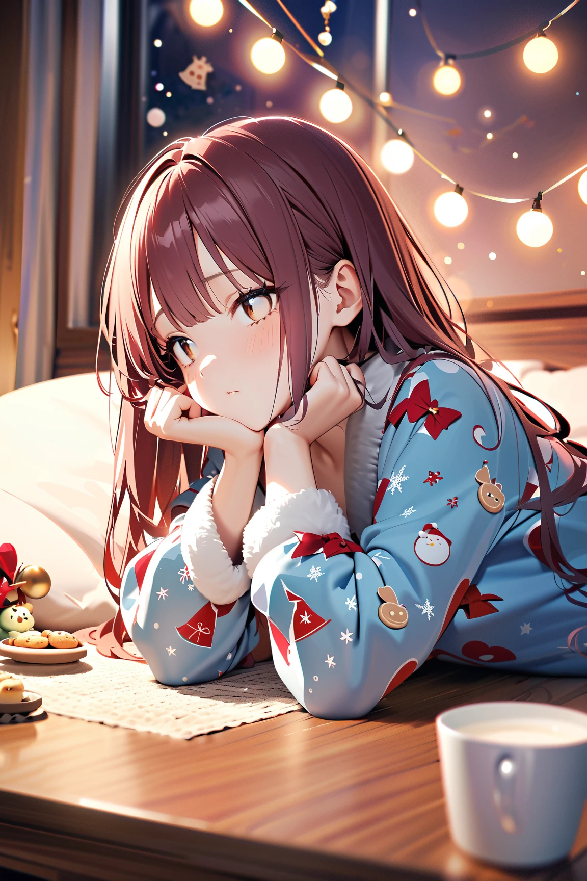 1 girl, (cute face), , long hair, (sleepy expression), (head resting on a table), medium breasts, slim, (wearing festive pajamas with whimsical patterns), knee length, (fair skin),  
BREAK  
Cozy living room, decorated with Christmas lights, cookies and milk on the table, (sitting at the table with droopy eyes:1.2), (dreaming of Santa:1.2), indoors  
BREAK  
(warm lighting, cheerful decorations, playful details), humorous and cozy atmosphere, character focus,  
BREAK  
high fantasy, game cg, absurdres, highres, ultra detailed, beautiful, (masterpiece), (best quality:1.2),
