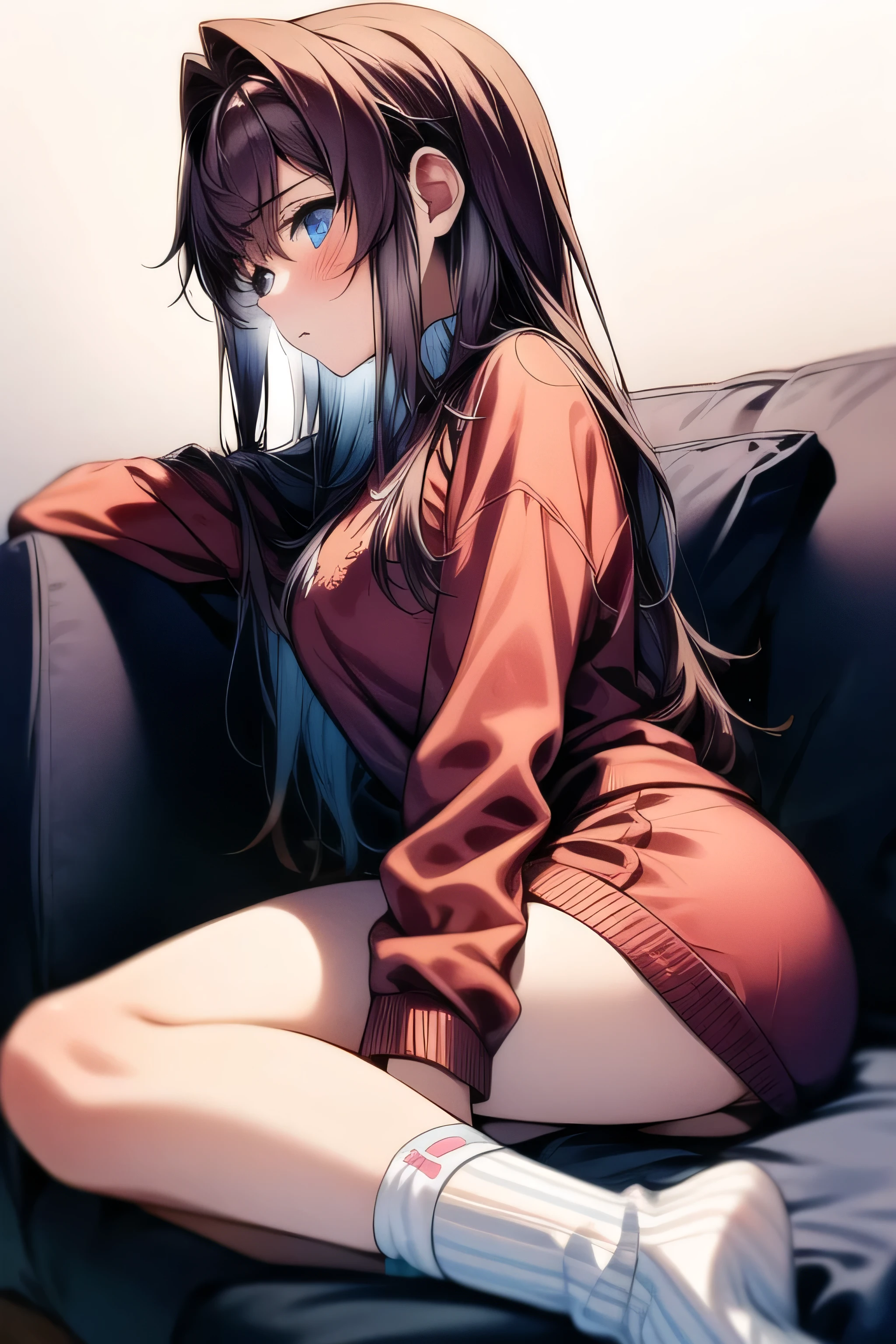 masterpiece, 1 girl, 18 years old, Alone ,Melancholy profile , miniskirt, Winter clothes, Loungewear, Fluffy,   lean forward ,  long socks, Sitting beside me on the couch, close, 