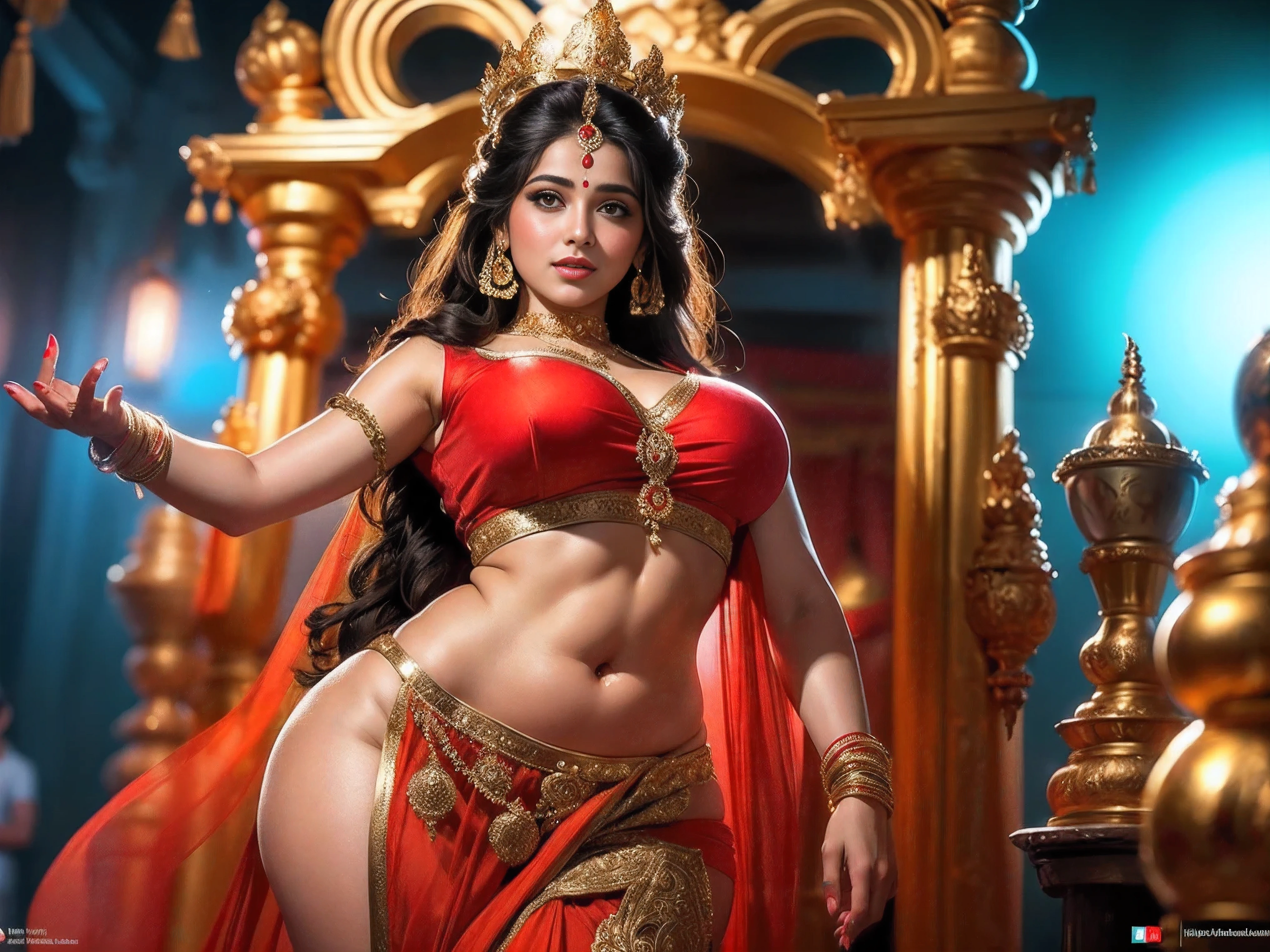 (highly detailed), (illustration), (intricate), (beautiful face), (attractive body), (complete body picture), modern indian goddess, Hinduism, (transparent red saree), (visible natural breasts), (NSFW), dynamic pose, deity crown, (lion standing nearby), colorful, eye-catching, heavenly,(perfect curvy body) , ((full front view)), ((low waist)), ((dynamic posing))