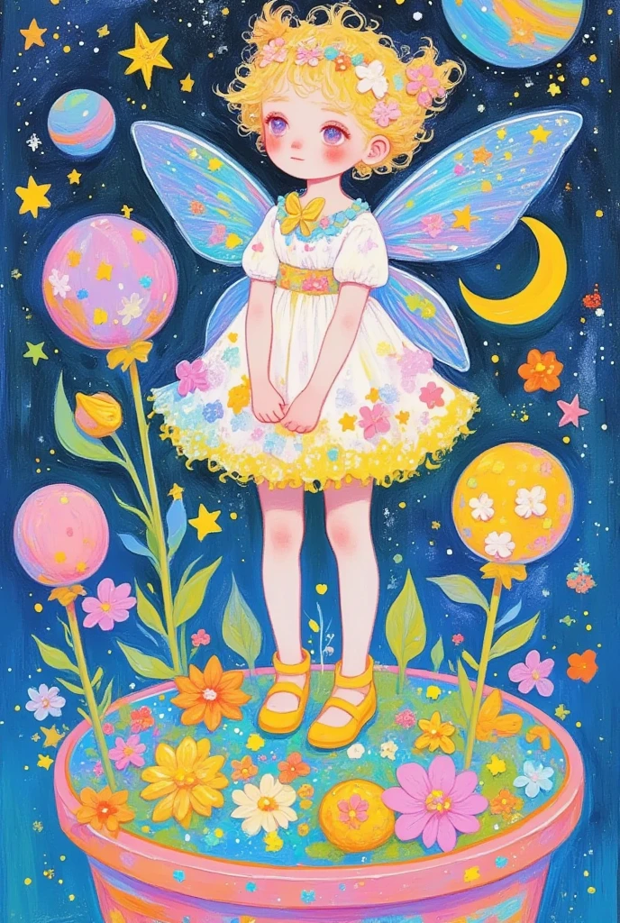 A fantasy artist from the stars, psychedelic art, pointillism, colorful black, a painting with a fairy in a flower pot, whimsical and surreal landscape art, a beautiful art illustration, imaginative surrealism, colorful illustration, highly surreal garden, magical surrealism, lush garden spaceship, Shin Jin Hye Art, blooming, highly imaginative, by Totte Wu, friendly, Wenjun Lin, surrealism, dreamlike COVID-19 painting