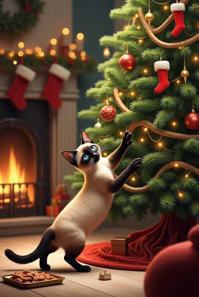 creates a Siamese cat playing with a christmas tree. background a living room decorated for christmas