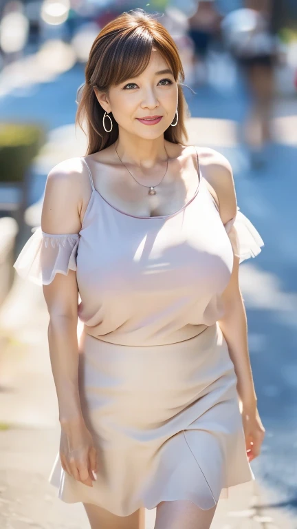 full body shot, from below,  Japanese woman with a viewing angle of, 58 years old,  detailed face , Facial wrinkles, Wrinkles around the eyes, smile,  Detailed Skin Textures ,  white skin,  heavy makeup ,  long hair , curvy body, (earrings,  necklace,  white blouse with ruffles:1.2), (pink tulle skirt, mini skirt:1.3), ( wears high heels:1.2), (Standing on the sidewalk,  full body shot from toe to head wearing black high heels:1.2), (surrealism, best quality, ultra detailed, absolutely resolution, 8k, anatomically correct), depth of field, looking at viewer, tachi-e, (kz), full body,  detailed face 
