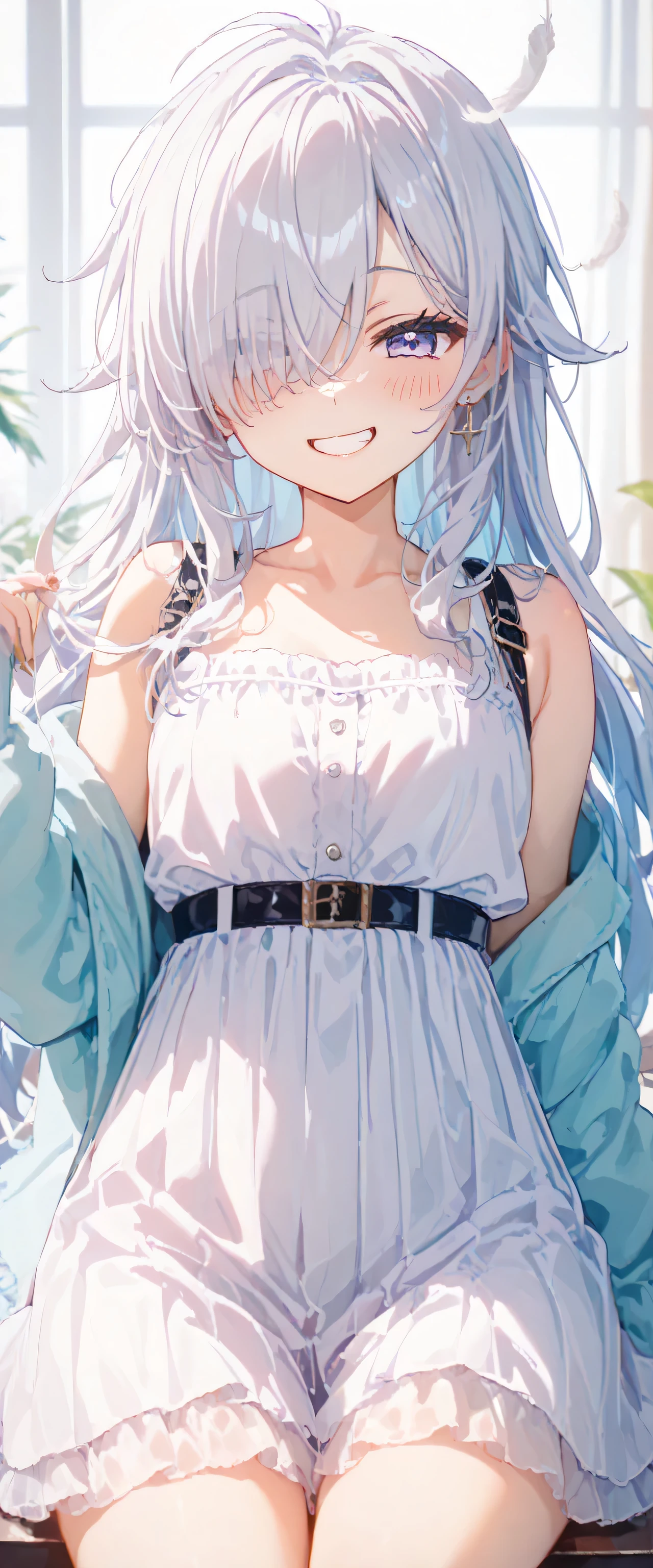 A super beautiful girl,long white hair,Light blue camisole vest,The top is soaked,Cover your chest with your right hand,blue thongs,The bust is 36F,Cool feeling,Korean style,full bodyesbian,Low saturation colors,Look into perspective,In the background is a bus stop