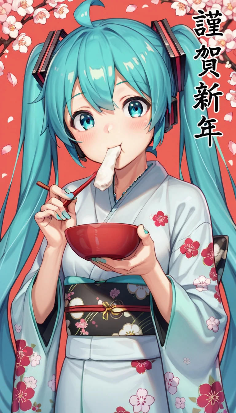 score_9, score_8_up, score_7_up,  1 girl, Happy New Year,  Hatsune Miku , kimono, Japanese clothing, cherry blossom background ,  eating mochi、 mochi that extends 20 cm from the mouth、chopsticks、Tea bowl、tangerine on the head 