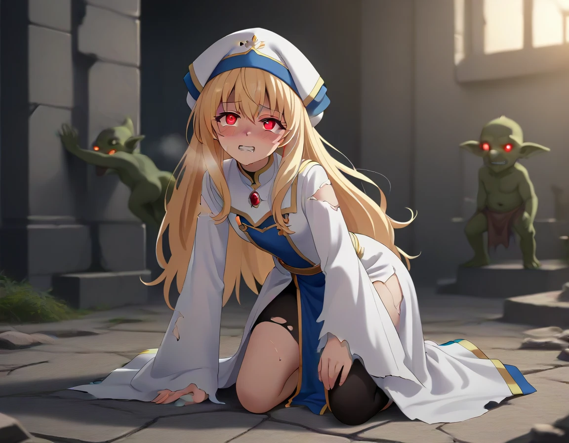 score_9, score_8_up, score_7_up, source_anime, official art, anime screencap, explicit, nsfw, (1girl), (red eyes:1.7), big eyes, priestess-default,　priestess \(goblin slayer!\),long hair, blonde hair,white headwear,white dress,frilled sleeves, blue pelvic curtain,(black shorts:0.9),thighhighs,white boots, (orgasm face:1.6),(rolling eyes:1.4), (shaded face:1.4),(clenched teeth:1.4), (glowing eyes:1.8), (blush:1.6), (sweat:1.4),(saliva:1.4),(breathing:1.4), (6goblin:1.2),(many goblins:1.6),(full body:1.2),(side view:0.8),(rape:1.6), (torn clothes:1.6),  head tilt, (Ruins:1.2),(High color saturation:1.4),very aesthetic, absurdres, out of frame, masterpiece, high quality, high details