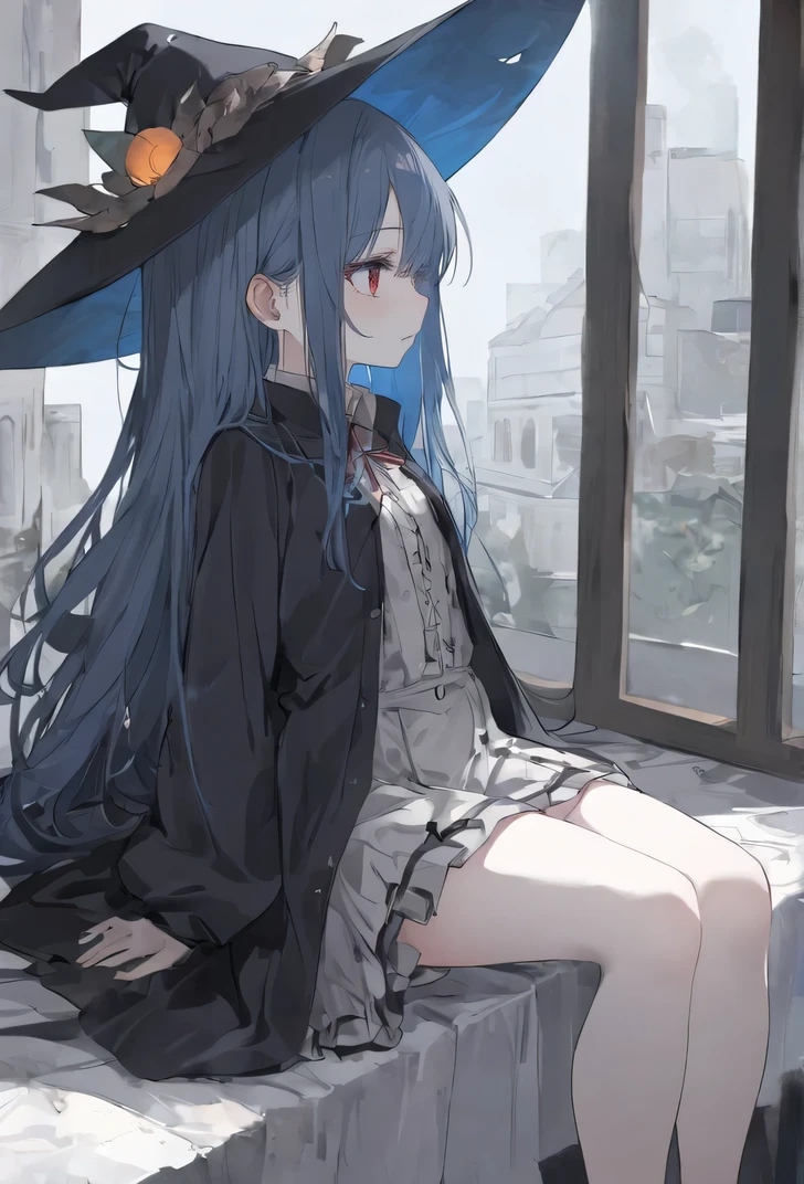 Very detailed（Fractal Art 1.2），The most detailed， a girl ， expressionless face ，Dark blue long hair，Long bangs， Bright Red Eyes ， pale albinism ，wearing stockings， wearing pure black clothes ， wearing a jacket of the wrong size， wearing a witch hat , blue hair，sit by the window， Faint Color ， bleak expression, Ultra HD,  very detailed ,  high detail ，profile,unhappy 