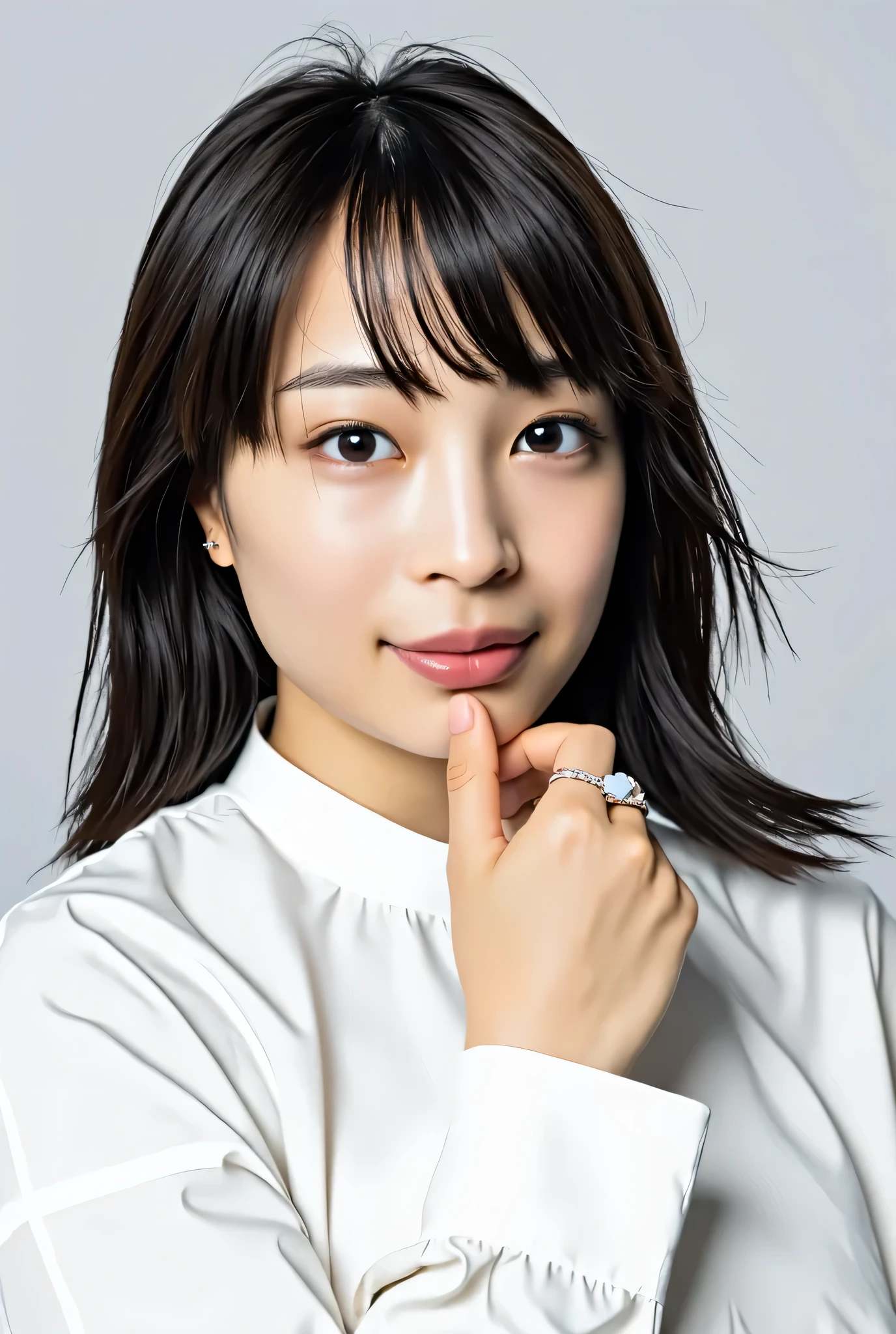 Smile :2.0、 (Ultra Precise Human Body Structure , top quality、 RAW photos 、8k、32K、 masterpiece 、 realistic 、 photo realistic :1.37)、Cute Japanese women images、 Destroy tank tops 、 Shot in natural light、 upper body、 1 girl、Photo Mapping、Physically based rendering、 high image quality、 high definition 、1080P、( beautiful face)、(Detailed description of the face)、( Detailed description of the hand setter ' muscle area )、( CG Details )、 Rich details 、( Stunning Features :1.35)、( detailed eyes)、 looking forward to the eyes 、Delicate clavicle、 Various Poses、A very realistic and detailed portrait of a young woman's upper body。 Beautiful skin 、 There is a soft light on the high part of the cheek .、 small pores and hair follicles 、 You can see even the thinnest blood vessels 。The skin is smooth、She has a natural flush to her cheeks 、Healthy glow。 The eyes are large and clear blue、 There is a fine pattern on the iris 、 Light is reflected 、 slightly tilted to 。 There is a slight shadow under her eye 、 Lashes are long and naturally curled 。 Her lips are a soft pink 、 Smooth texture that gives off a natural glow 、 。 View。 woman wears a simple white top .、 The background is a pale black and white gradation .、The focus is completely on the face and upper body。 realistic shadows and textures、 picture-like depiction、 waist、 waist、thigh