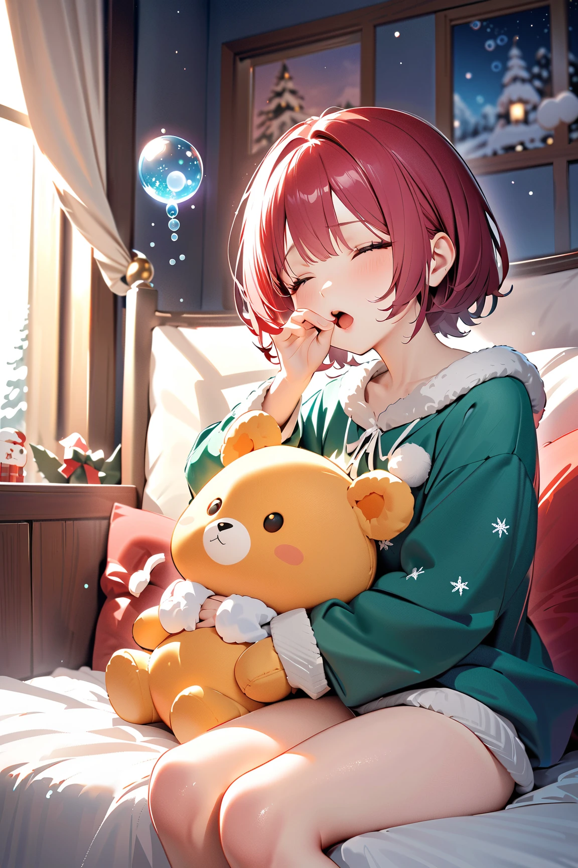 1 girl, (cute face), , short hair, (yawning), (eyes half-closed), small breasts, slim, (wearing cute holiday-themed clothes), above knee length, (lightly tanned skin),  
BREAK  
Magical snowy landscape, twinkling stars, (sitting up in bed with a dream bubble showing Santa:1.2), (snuggling a stuffed toy:1.2), indoors  
BREAK  
(bright, whimsical lighting, sparkling effects, cozy atmosphere), fun and dreamy vibe, character focus,  
BREAK  
high fantasy, game cg, absurdres, highres, ultra detailed, beautiful, (masterpiece), (best quality:1.2),
