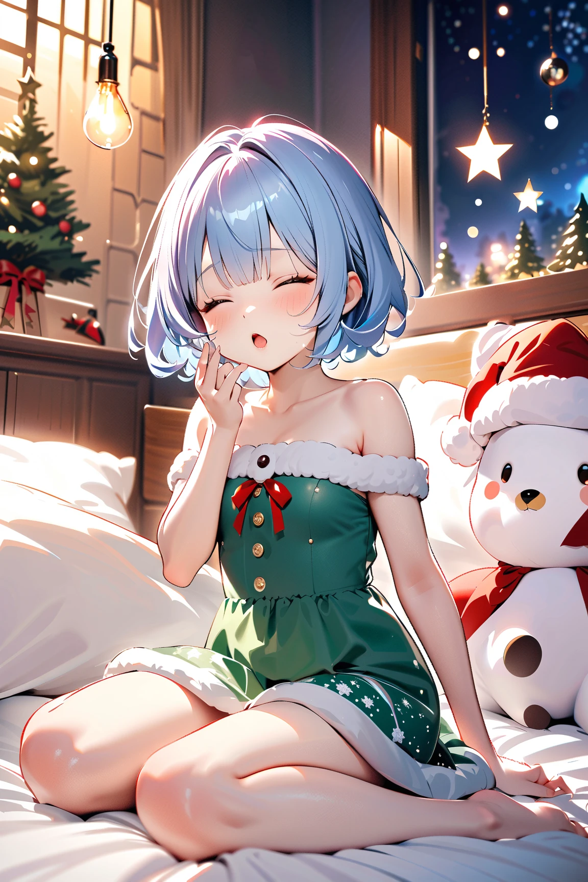 1 girl, (cute face), , short hair, (yawning), (eyes half-closed), small breasts, slim, (wearing cute holiday-themed clothes), above knee length, (lightly tanned skin),  
BREAK  
Magical snowy landscape, twinkling stars, (sitting up in bed with a dream bubble showing Santa:1.2), (snuggling a stuffed toy:1.2), indoors  
BREAK  
(bright, whimsical lighting, sparkling effects, cozy atmosphere), fun and dreamy vibe, character focus,  
BREAK  
high fantasy, game cg, absurdres, highres, ultra detailed, beautiful, (masterpiece), (best quality:1.2),
