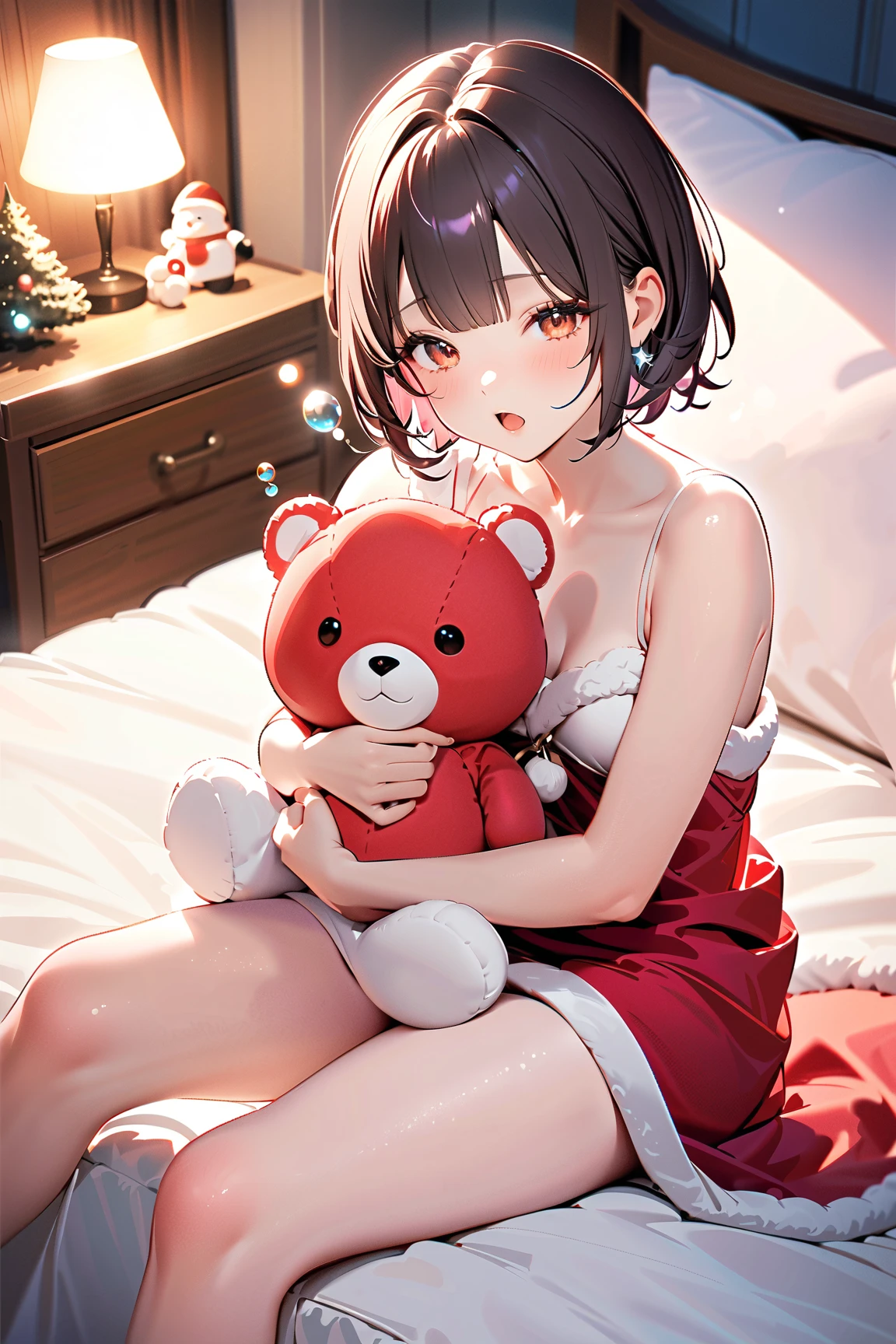 1 girl, (cute face), , short hair, (yawning), (eyes half-closed), small breasts, slim, (wearing cute holiday-themed clothes), above knee length, (lightly tanned skin),  
BREAK  
Magical snowy landscape, twinkling stars, (sitting up in bed with a dream bubble showing Santa:1.2), (snuggling a stuffed toy:1.2), indoors  
BREAK  
(bright, whimsical lighting, sparkling effects, cozy atmosphere), fun and dreamy vibe, character focus,  
BREAK  
high fantasy, game cg, absurdres, highres, ultra detailed, beautiful, (masterpiece), (best quality:1.2),
