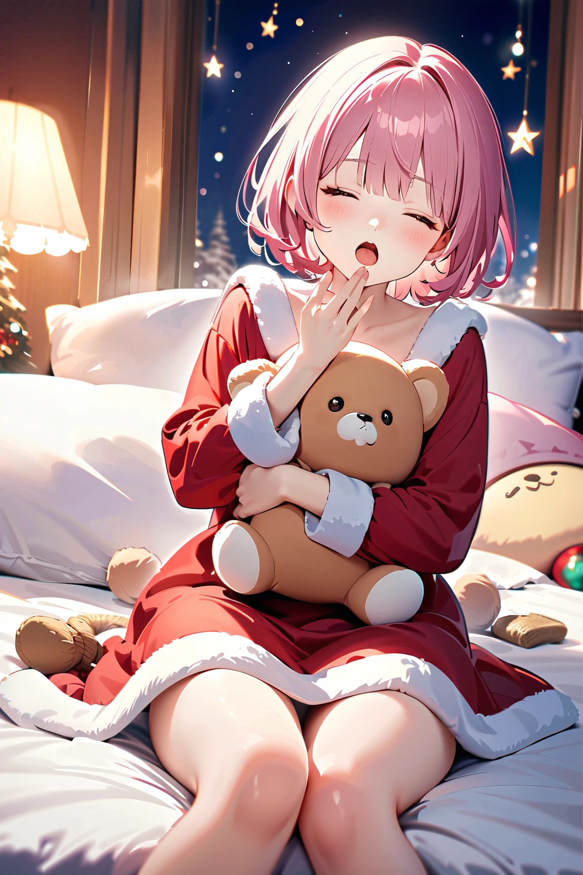 1 girl, (cute face), , short hair, (yawning), (eyes half-closed), small breasts, slim, (wearing cute holiday-themed clothes), above knee length, (lightly tanned skin),  
BREAK  
Magical snowy landscape, twinkling stars, (sitting up in bed with a dream bubble showing Santa:1.2), (snuggling a stuffed toy:1.2), indoors  
BREAK  
(bright, whimsical lighting, sparkling effects, cozy atmosphere), fun and dreamy vibe, character focus,  
BREAK  
high fantasy, game cg, absurdres, highres, ultra detailed, beautiful, (masterpiece), (best quality:1.2),
