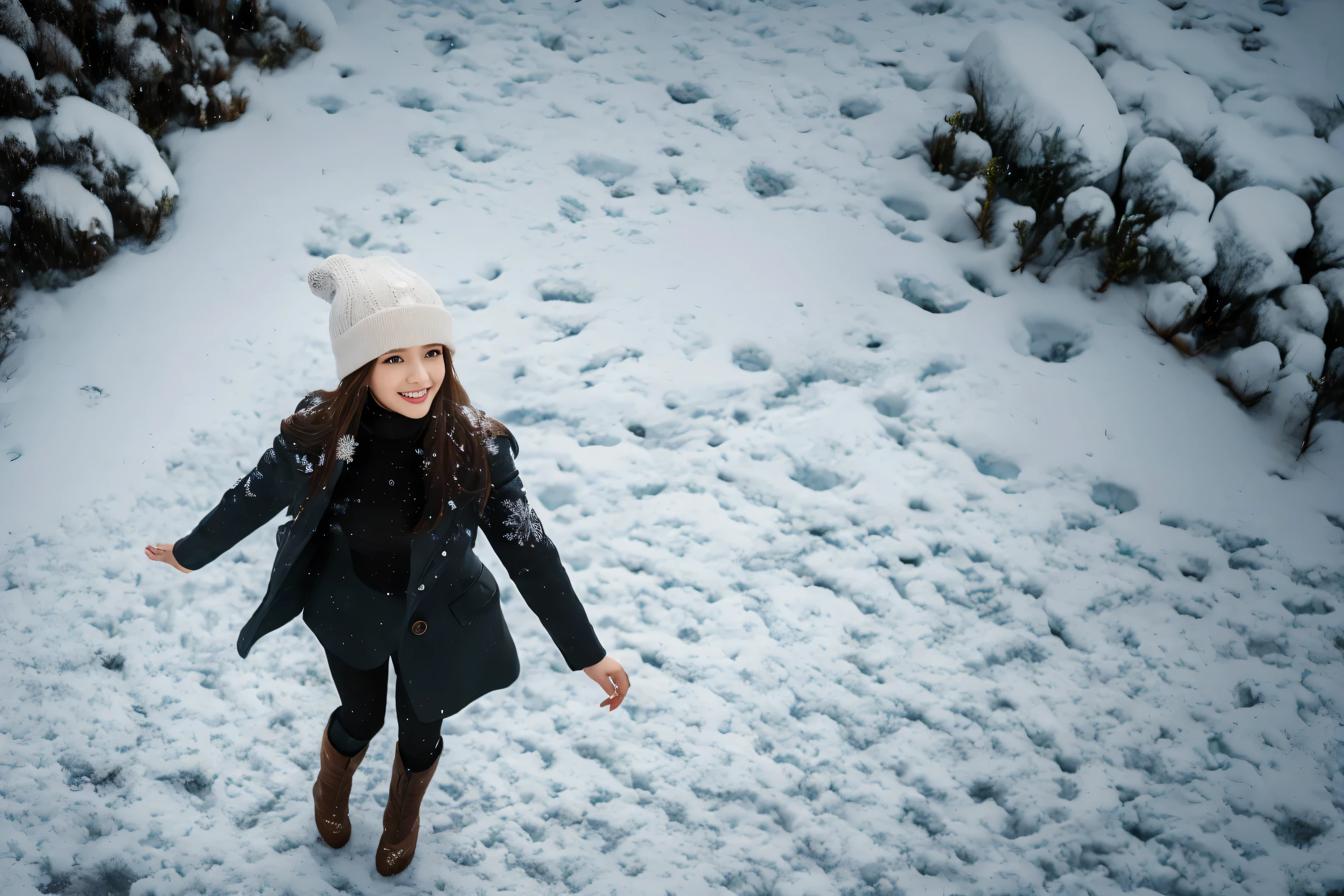 1 beautiful girl. Japanese actress girl, blonde, long hair. Blue eyes, BRAK smiling, dapple coat, turtleneck sweater, woolen hat, skirt, boots, BRAK (Snowy:1.6), She dances with her hands outstretched.Her hair swings wildly as she dances,Watching snowflakes ❄️ fall, Realistic photograph, (best quality:1.5), (hyper-realistic:1.2), (Cinematic Lighting:1.2), RAW photo, (Composition from above:1.6),from above, (upper body shot:1.2), (8k), detailed textures, sharp focus,ultra-detailed,