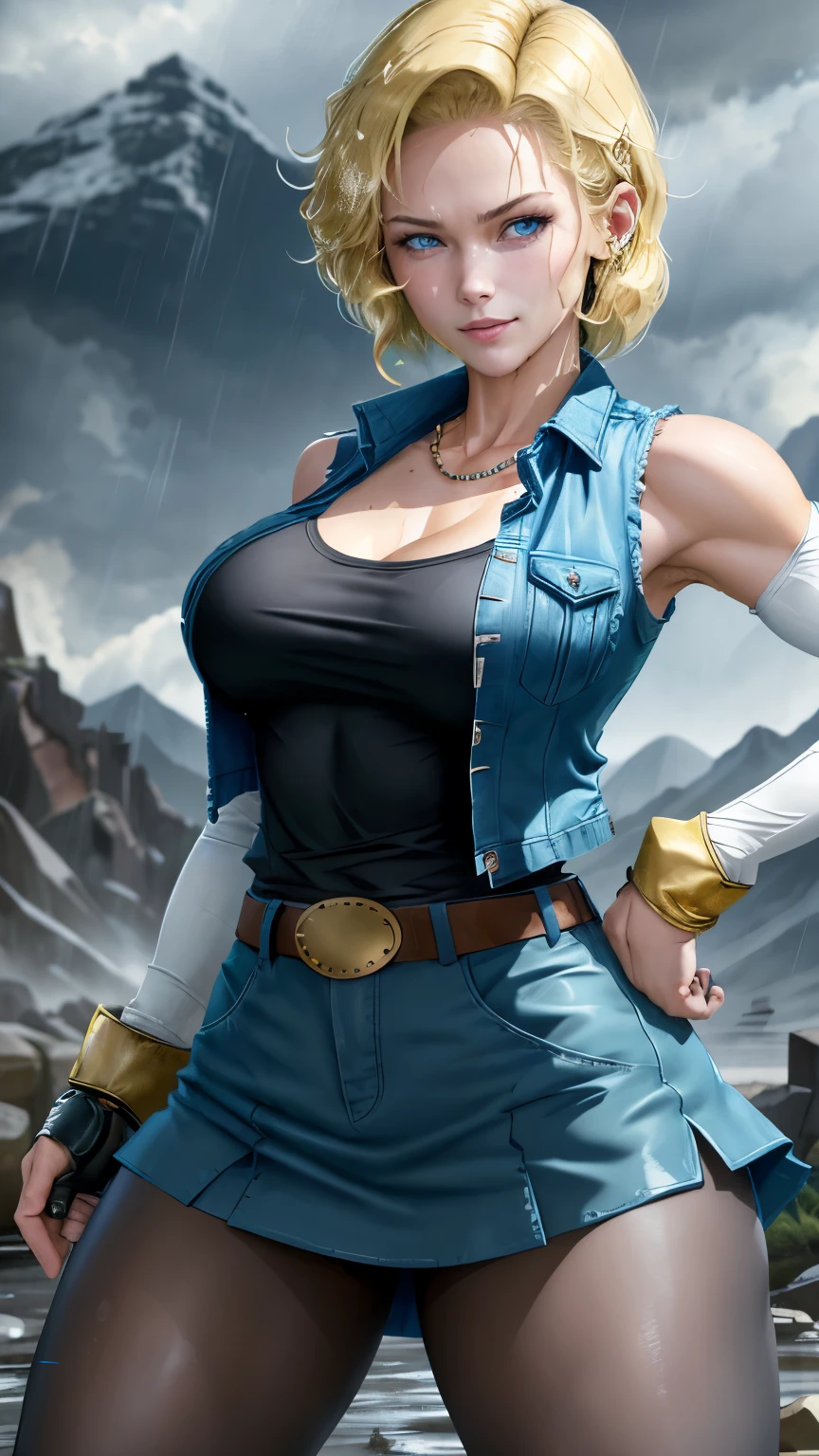 best quality, highres, and18, 1girl, android 18, solo, blonde hair, blue eyes, belt, tight blue demin skirt, gold_necklace, closed fists, black shirt, short hair, long sleeves, earrings, open vest, denim vest, medium breasts, cowboy shot, mountains, straight-on, (weather: raining and windy), wet clothes, fierce smile, combat stance, full length pantyhose, battle ruins, wide hips, thick legs, wet body, floating, ripped, clothes,