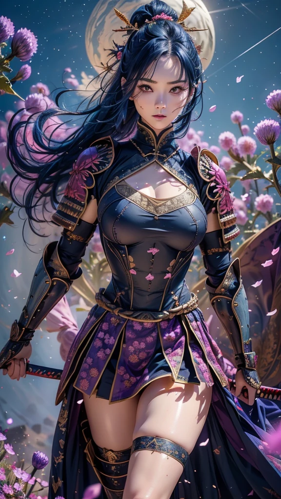  A young Japanese woman , warrior,  Wicked Expression ,,Combat Stance, wielding a sword,  very detailedな, ((realistic)),   full body view,(spread legs),    Brilliant Appearance , Creative Action,  Extremely Detailed , Imaginative,  sensual,  Spontaneous ,  top quality,  skin texture,  ((long hair)),  ((hair over eyes)),  ((midnight blue hair)),   toned body,  ((huge breasts)),  Big Breasts,   plump thighs,   purple armor with a thistle flower pattern engraved on it is a bikini type and is designed to emphasize chest exposure,  ( Wear a black cloak with a thistle flower pattern ),  peplum skirt,   black shin guard with thistle flowers engraved ,  White high-leg underwear ,  Black tights,   absolute domain,  Intricate Details , ( Cinematic Lighting ),  Dramatic lighting,  ((Clear Sky Thunderbolt)),  (( Full bloom thistle flowers are blooming in full bloom in the background )),  (( Large thistle flowers blooming in full bloom on the front )),    RAW photos , 8k, masterpiece,   top quality, ultra detailed , very detailed,  Intricate Details , high definition ,超 Intricate Details, very detailed 8k cg wallpaper,