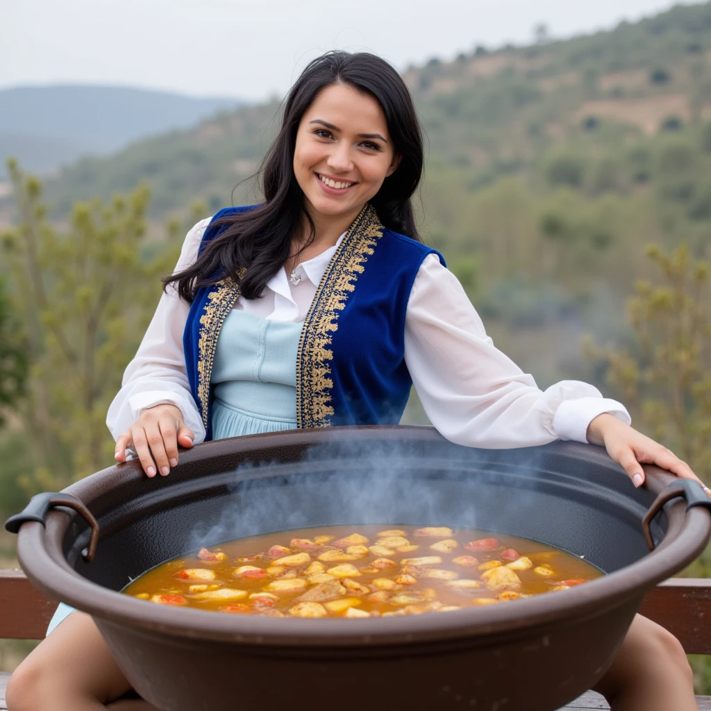 High resolution photo, in the photo a hot Azerbaijani woman, happy face, she has a big nose, long black hair, a curvy figure, a headscarf on her head, dressed in a white transparent shirt with loose sleeves, on top of which she wears a blue velour vest with ethnic gold embroidery, a light blue dress with a high slit to the buttocks, from under which a black thick overgrown pubis is visible.

She is sitting in a giant pot filled with stew, cooked on the basis of chicken meat and eggs

in the background Azerbaijani landscapes