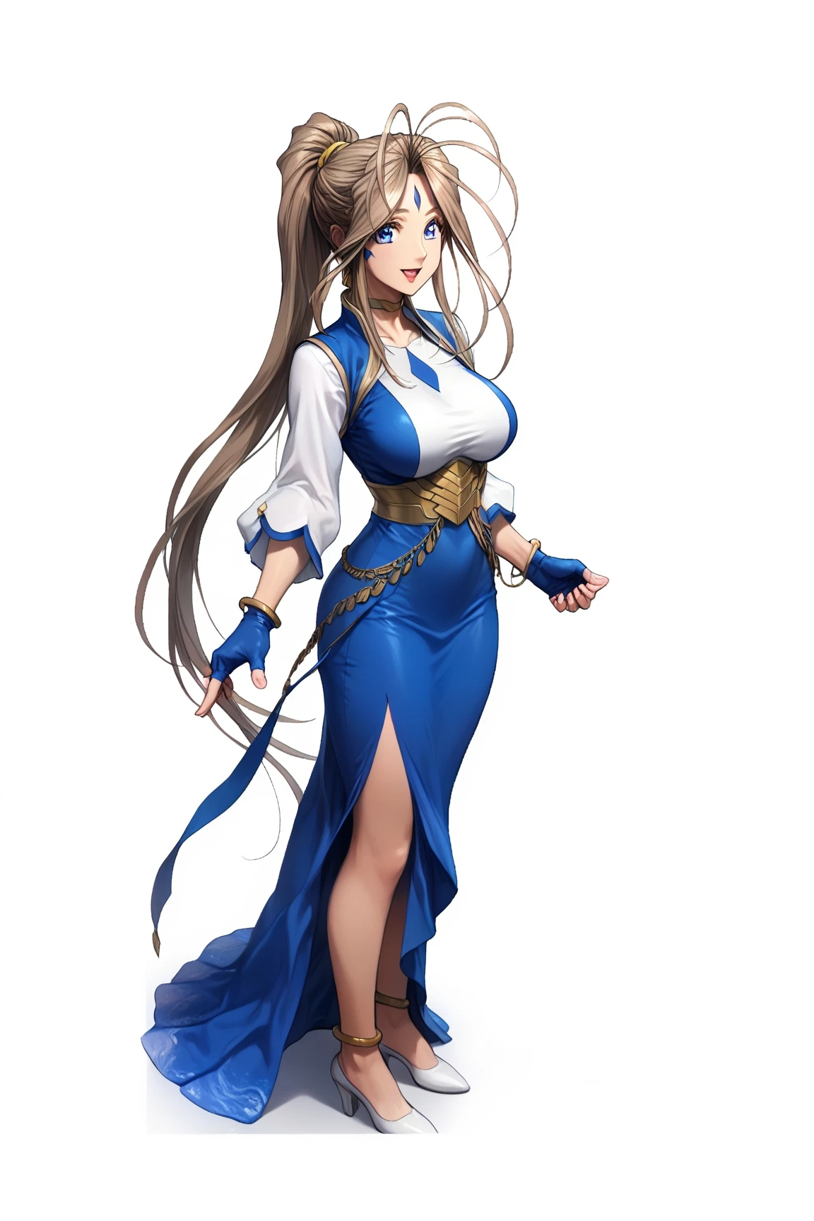 sfw, 1goddess, solo, (priestess, priestess short-neck dress), (short-neck), long sleeves, ((Blue-Trimmed-Dresses, Blue-Trim-clothes)), shiny, shiny white skin, (closed front clothes:1.6), calm smile, open mouth, open palm, arms_down, (full bust:1.5, glamorous, Curvy body, Slim waist), 
BREAK, Lovebell-SDXL, Belldandy, long ponytail, brown hair, blue eyes, parted lips, gold choker, ((fingerless_blue_short_gloves:1.5)), bracelet, earring, wedding_silver_ring on left_hand_ring_finger, gold anklet, (elegant mature woman), safety, tranquility, 
BREAK, simple background, transparent background, 
BREAK, extreme quality, cg, (detailed eyes,and face), (bright colors), (anime), impact, masterpiece, top tier, extravagant, 8k, unity wallpaper, unreal engine 5, ray tracing, 8k, cinematic, varied depth of field, octane render, tone mapping, hyper focus, detailed hand, 
BREAK, cowboy shot, ((standing)), dynamic angle, 