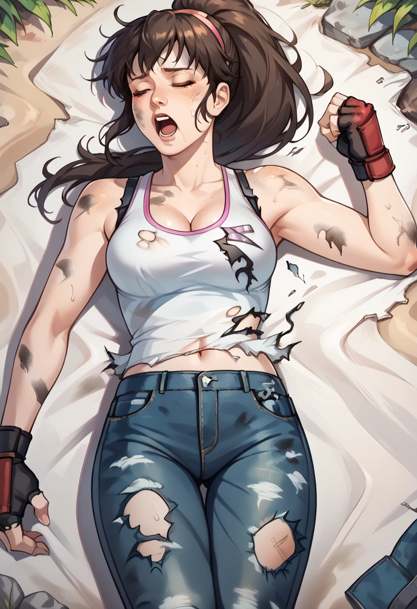 1 girl, HitomiDOA, long dark brown hair in a ponytail, white tanktop, pink hairband, navel, fingerless gloves, jeans, outdoors, laying on the ground, cleavage showing,  (((eyes closed))), mouth slightly open, screaming, ((exhausted)), tired, torn shirt, ripped jeans, ((torn clothes)), sweaty, dirty, in pain, arms at her side, lots of rips in her shirt, skin showing through her clothes