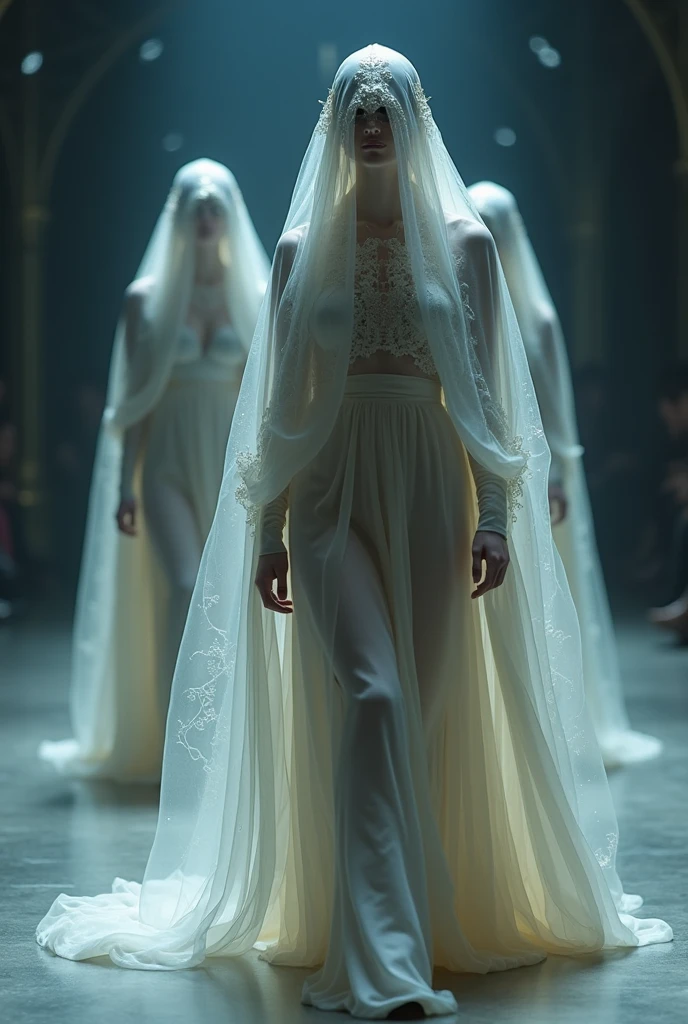 post-apocalyptic image of white aesthetics under a bridge fashion show