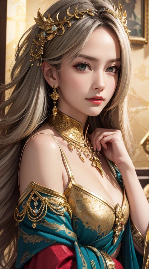 ((highest quality)), ((masterpiece)), (detailed), whole body、wallpaper、Perfect Face、Perfect body、Light brown hair、Beautiful Skin、Russian beauty、(masterpiece:1.3), (8k, Photorealistic, Raw photo, Best image quality: 1.4), (Rough long hairstyle:1.2)、Cleavage:2.2、Wearing a Chinese dress