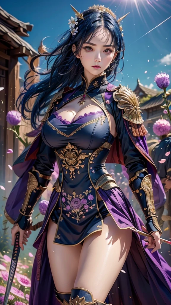  A young Japanese woman , warrior,  Wicked Expression ,,Combat Stance, wielding a sword,  very detailedな, ((realistic)),   full body view,(spread legs),    Brilliant Appearance , Creative Action,  Extremely Detailed , Imaginative,  sensual,  Spontaneous ,  top quality,  skin texture,  ((long hair)),  ((hair over eyes)),  ((midnight blue hair)),   toned body,  ((huge breasts)),  Big Breasts,   plump thighs,   purple armor with a thistle flower pattern engraved on it is a bikini type and is designed to emphasize chest exposure,  ( Wear a black cloak with a thistle flower pattern ),  peplum skirt,   black shin guard with thistle flowers engraved ,  White high-leg underwear ,  Black tights,   absolute domain,  Intricate Details , ( Cinematic Lighting ),  Dramatic lighting,  ((Clear Sky Thunderbolt)),  (( Full bloom thistle flowers are blooming in full bloom in the background )),  (( Large thistle flowers blooming in full bloom on the front )),    RAW photos , 8k, masterpiece,   top quality, ultra detailed , very detailed,  Intricate Details , high definition ,超 Intricate Details, very detailed 8k cg wallpaper,