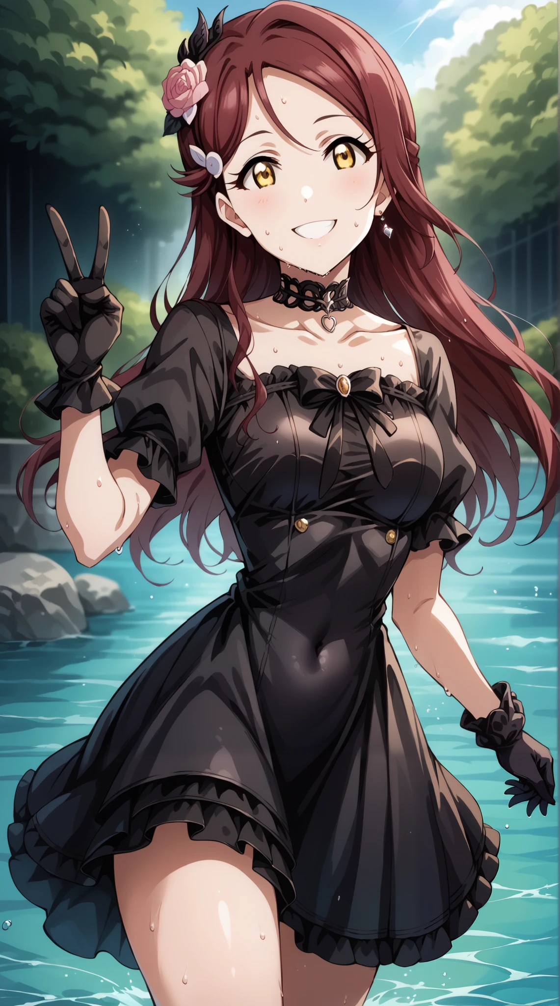 score_9, score_8_up, score_7_up, source_anime, 4K, perfect fingers,
riko sakurauchi, long hair, hair ornament, yellow eyes, red hair, hairclip,,
wearing ((black gloves, black gothic dress (idolmaster), black ribbon, black shirt, choker, collarbone, gloves, hair flower, hair ornament)),,
Sideboob、Protruding pussy、alone, Outdoor, Wet, Covered navel, water, (Big smile), (Wet:1.1),(Sweat),(running:1.2),(Twist the waist:1.1),peace sign,