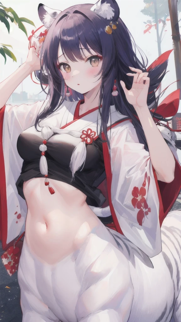 、(Black Hair、Slightly thin body、Thin limbs、One closed eye、Lowered eyebrows)、Bare chest、bra、kimono(Black or white、Wearing a sash)、Loincloth、Massage the breasts、Sucking dick、Blowjob、Hold in mouth、suck