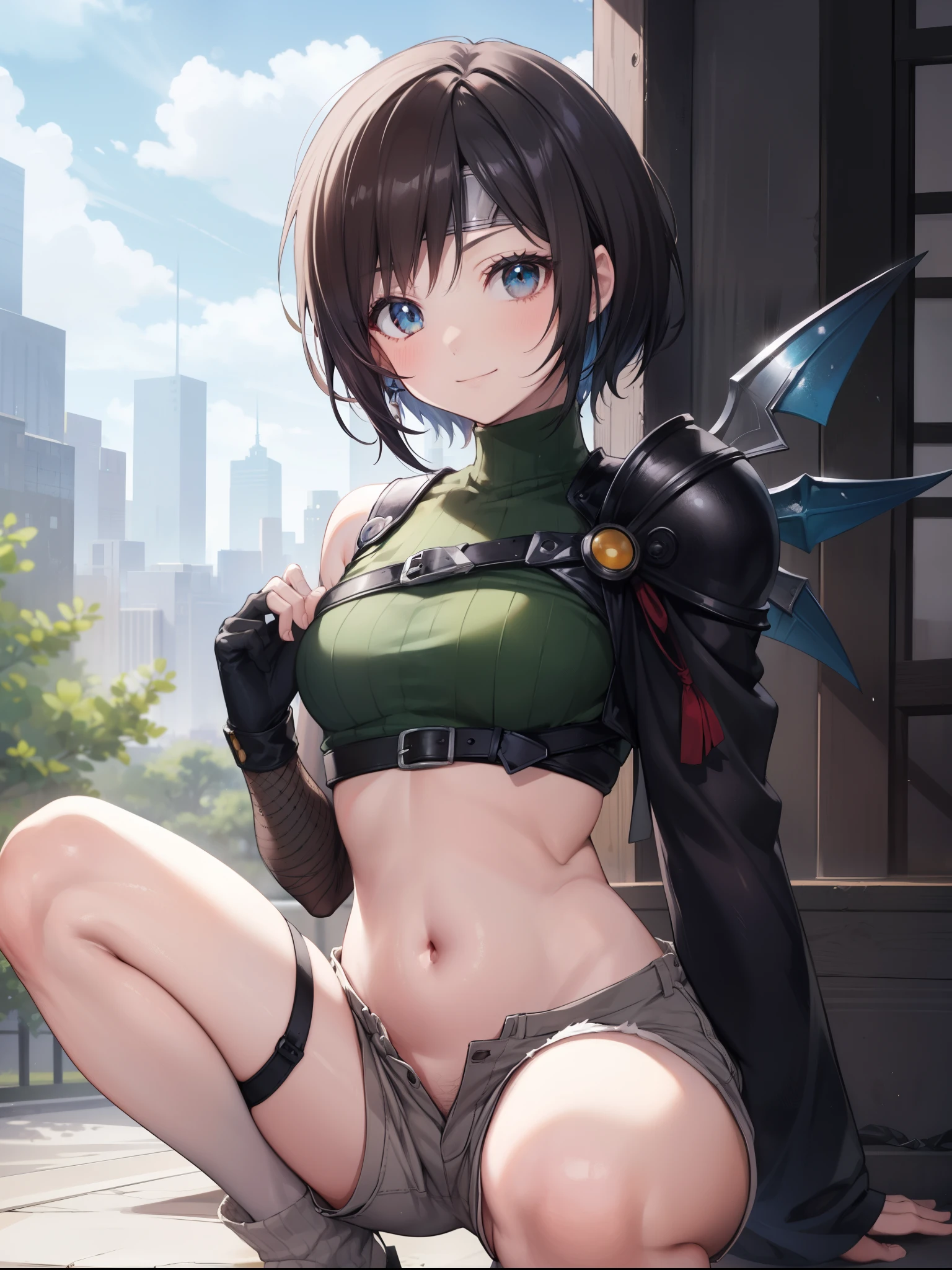 masterpiece, best quality, integrated scenery, integrated background, extremely delicate and beautiful, meticulous details, good composition, , cute face, perfect face, perfect hands, best quality, pyra, 1young__girl, armor, bangs,  yuffiekisaragi, Yuffie Kisaragi,Haircuts, pixie cut,
BLAKE crop top, fingerless gloves, fishnet Thighhighs, fishnet, forehead protector, gloves, head band, belly button, short shorts, shorts, single sleeve, single thigh high, No sleeve, No sleeve turtleneck, Thighhighs, turtleneck、blue sky、smile, solo。nihil,knee,rise_knee,squatting,ninja_posing