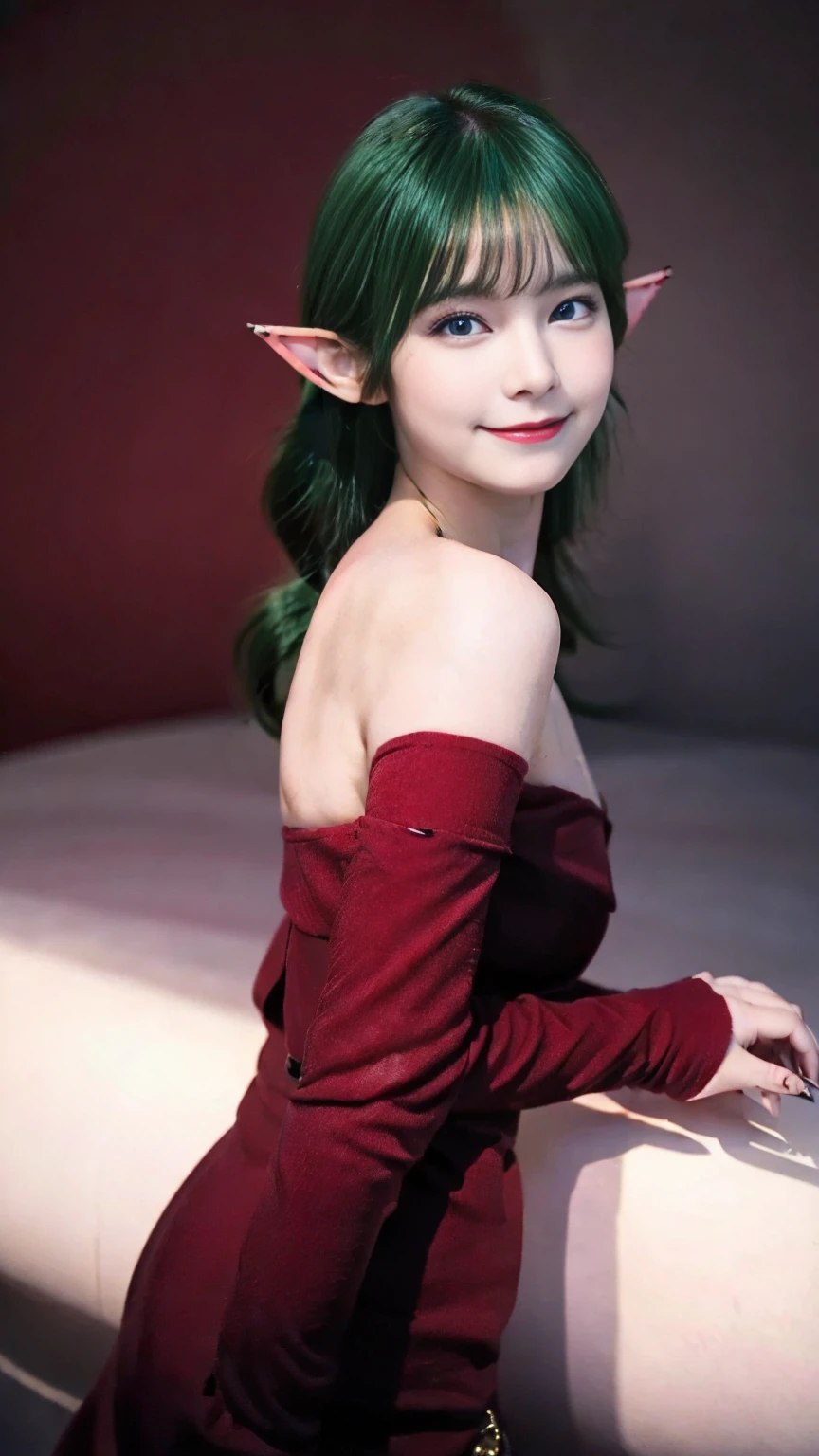 ((masterpiece,best quality,ultra-delicate,Perfect Face,16k,very detailed eyes,high resolution,very beautiful girl,sharpness,raw photo,18 years old,bright green color hair:2.0,cute,Photographed from the front)),,Red strapless bodycon tube dress with huge red bow on the back:2.0,Red long arm sleeves,Elf Girl,very huge Breasts:2.0,blue eyes, very happy smile:2.0,upper body shot,