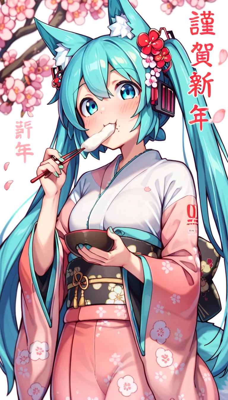 score_9, score_8_up, score_7_up,  1 girl, Happy New Year,  Hatsune Miku , kimono, Japanese clothing, cherry blossom background ,  eating mochi、Mochi growing out of your mouth 、chopsticks、Tea bowl、((Kemomimi))、 side tail、((( fox ears)))、