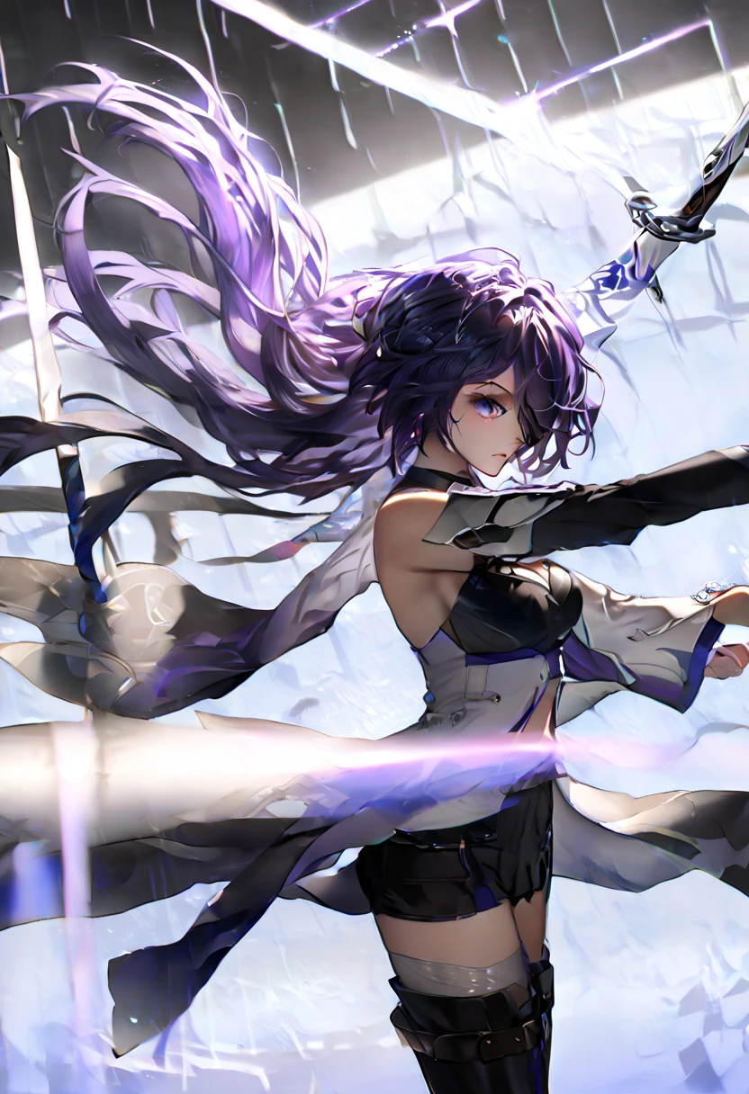 Hold the sword with both hands,Huangquan, def clothe, 1girl, long hair, purple eyes, purple hair, hair over one eye, thighhighs, breasts, boots, black gloves, blacks horts, cleavage, ( left single sleeve), long sleeve,( dynamic pose),( Holding a long, two-handed sword in both hands),(looking away),( expressionless), Anime style, detailed, screen cap, very detailed, (detailed hair, eyes, and eyelashes:1.2), 1girl, Alone,25 years old,long hair, purple hair, purple eyes, hair over one eye,score_9, score_8_up, score_7_up, score_6_up, score_5_up, score_4_up, just describe what you want, tag1, tag2,