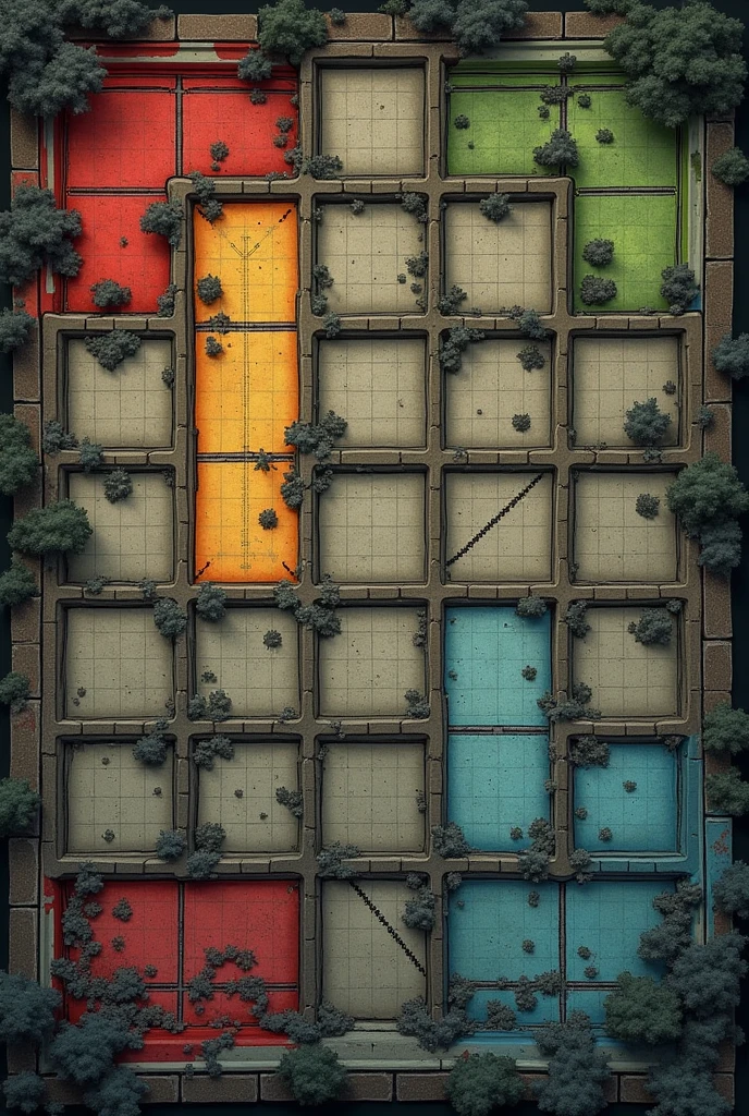 Create a detailed 10x10 grid board for a zombie apocalypse-themed tabletop game. The board should consist of 100 square cells, arranged in 10 rows and 10 columns. The cells should be clearly marked and divided, with designated zones in specific colors and styles, as described below.

Board Specifications:

Size: 10x10 grid (100 cells in total).
Shape: Square cells with clear separation between each cell.
Cell Types and Zones:
Safe Zones (Green Cells):

These cells are safe for players. Players are not affected by infection in these zones and can rest without consequences.
Color: Bright green, easily distinguishable.
Description: Green zones should have a clean, untouched appearance, symbolizing safety.
Location examples: cells 3,3; 6,3; 7,6; 2,9.
Infected Zones (Red Cells):

These cells are infected with the zombie virus. If a player lands on an infected zone, they become infected and must skip their next turn.
Color: Bright red with a darker, blood-like tint for more intensity. The red should stand out against the rest of the board to emphasize danger.
Description: Infected zones should look chaotic and dangerous, with signs of decay, such as faded red color to simulate infection.
Location examples: cells 2,5; 5,5; 6,7; 8,8; 9,10.
Event Zones (Cells with "?"):

These cells prompt players to draw an event card. Event cards can result in either beneficial or harmful effects for the player.
Color: These zones should have a neutral, faded appearance to signify the unknown nature of the events (light gray or white with a question mark symbol).
Description: These zones should look ambiguous, not immediately indicating danger or safety, but simply prompting a choice.
Location examples: cells 1,6; 4,3; 7,2; 8,4; 10,7.
Empty Zones (Neutral Cells):

These cells are neutral and have no special effects. Players can move through these zones freely without encountering any additional hazards.
Color: Neutral colors like beige or light gray to create a contrast with the green and 