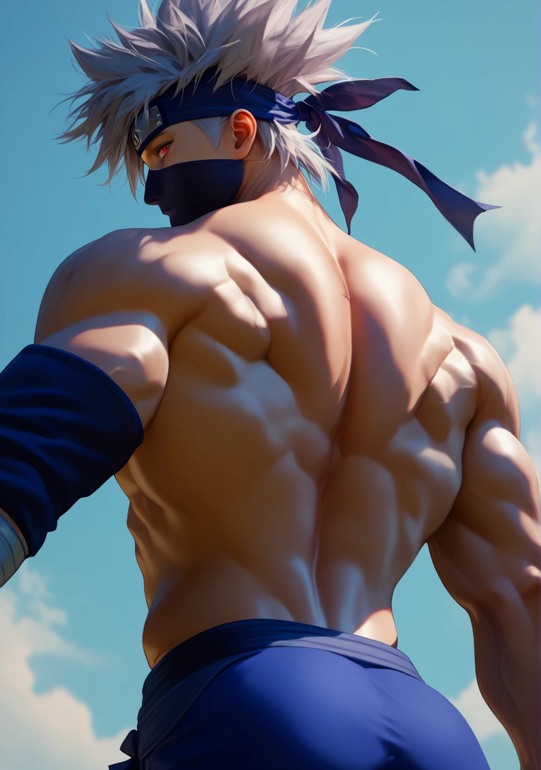 score_9, score_8_up, score_7_up, score_6_up, score_5_up, 1boy, kakashi, grey hair, covered mouth, mouth mask, red eye, scar across eye, forehead protector, from below, from behind, big chest, big thigh, long happy trails, muscular back, big arms, massive arms, back focus, muscular male, nude, blue pants, shirtless, full back