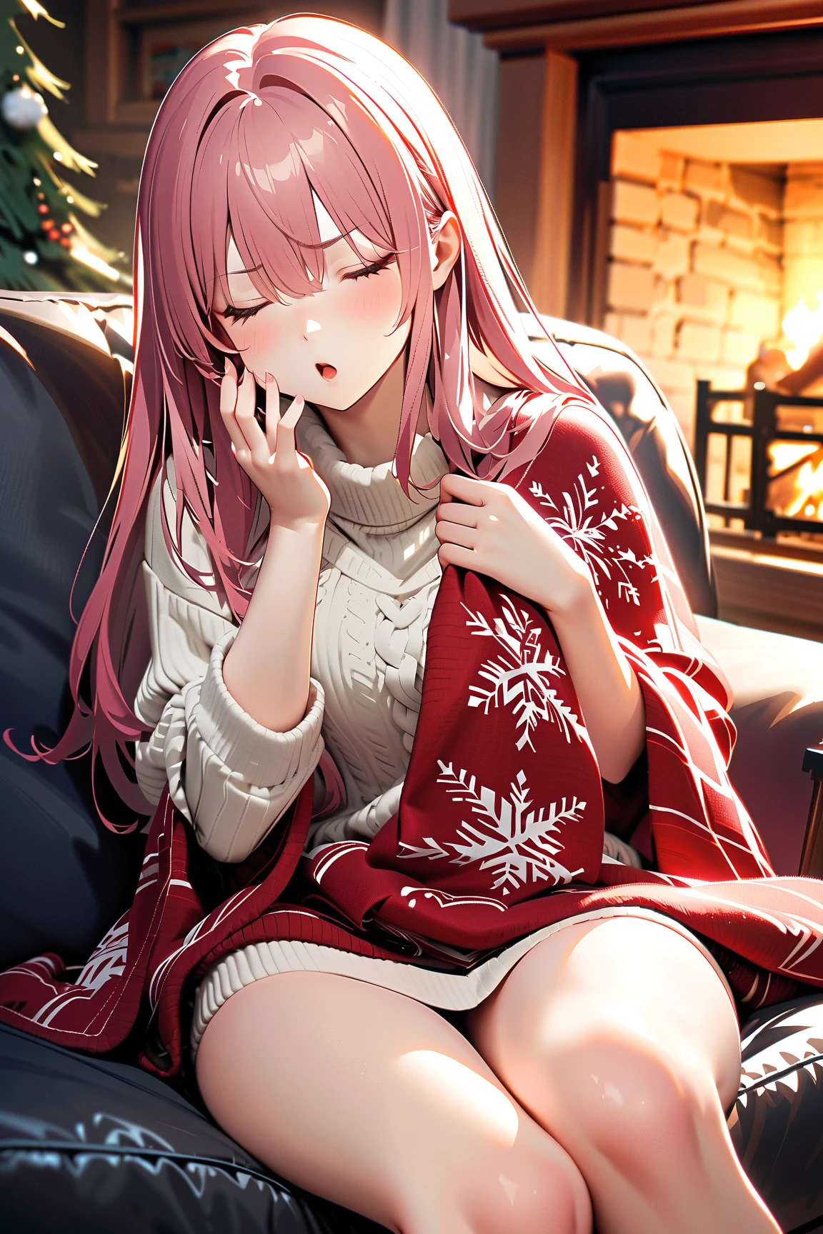 1 girl, (cute face), , long hair, (determined expression), (yawning widely), medium breasts, slim, (wearing a cozy sweater with holiday motifs), knee length, (lightly tanned skin),  
BREAK  
Living room, fireplace crackling, (sitting on the couch with a blanket:1.2), (eyes closing as she waits for Santa:1.2), indoors  
BREAK  
(soft, warm lighting, festive atmosphere, playful shadows), humorous and cozy vibe, character focus,  
BREAK  
high fantasy, game cg, absurdres, highres, ultra detailed, beautiful, (masterpiece), (best quality:1.2),
