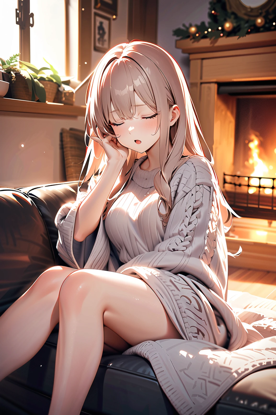 1 girl, (cute face), , long hair, (determined expression), (yawning widely), medium breasts, slim, (wearing a cozy sweater with holiday motifs), knee length, (lightly tanned skin),  
BREAK  
Living room, fireplace crackling, (sitting on the couch with a blanket:1.2), (eyes closing as she waits for Santa:1.2), indoors  
BREAK  
(soft, warm lighting, festive atmosphere, playful shadows), humorous and cozy vibe, character focus,  
BREAK  
high fantasy, game cg, absurdres, highres, ultra detailed, beautiful, (masterpiece), (best quality:1.2),
