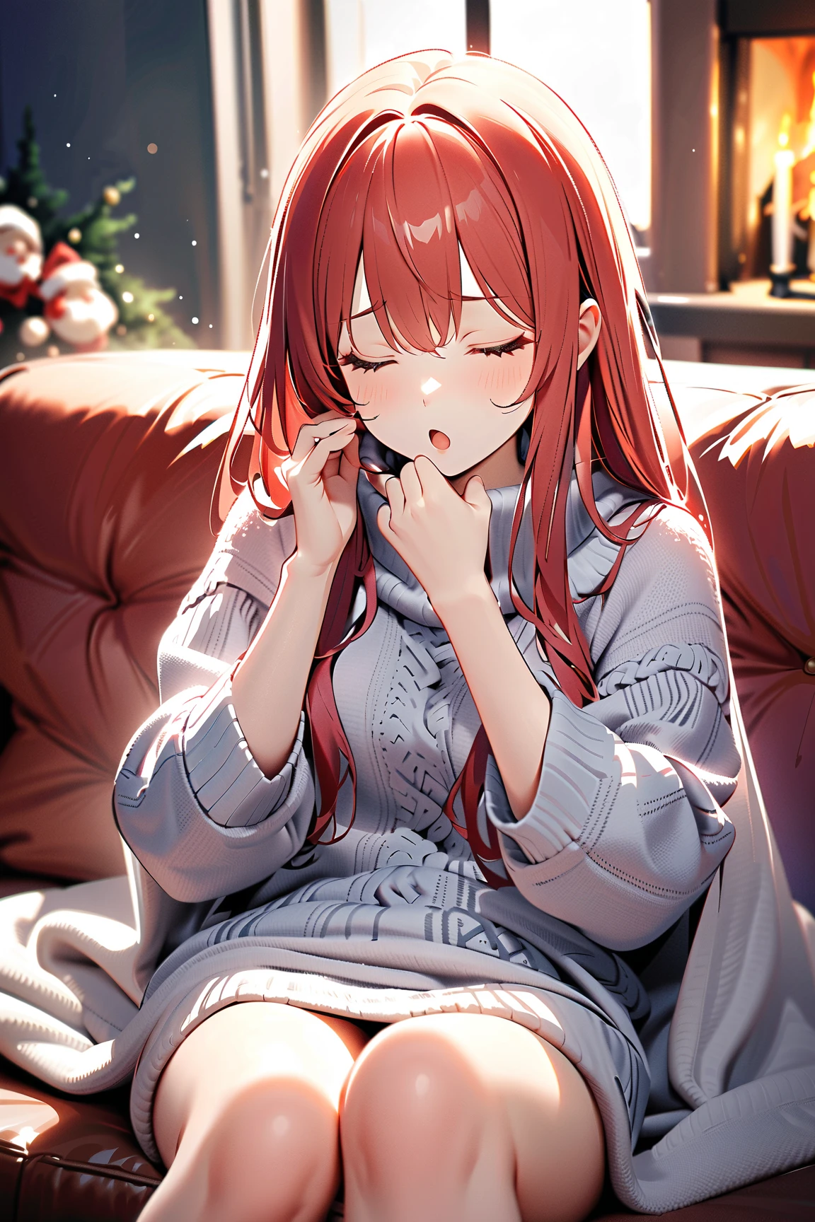 1 girl, (cute face), , long hair, (determined expression), (yawning widely), medium breasts, slim, (wearing a cozy sweater with holiday motifs), knee length, (lightly tanned skin),  
BREAK  
Living room, fireplace crackling, (sitting on the couch with a blanket:1.2), (eyes closing as she waits for Santa:1.2), indoors  
BREAK  
(soft, warm lighting, festive atmosphere, playful shadows), humorous and cozy vibe, character focus,  
BREAK  
high fantasy, game cg, absurdres, highres, ultra detailed, beautiful, (masterpiece), (best quality:1.2),
