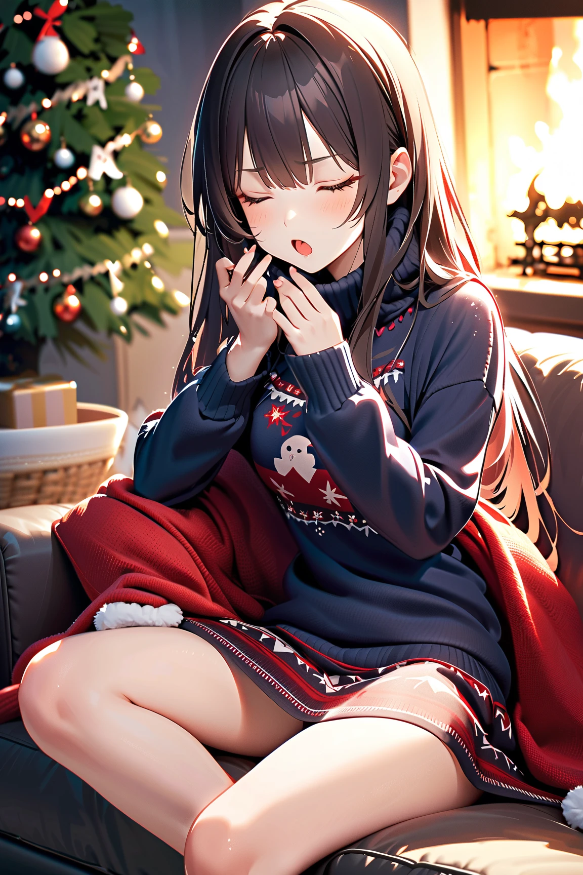 1 girl, (cute face), , long hair, (determined expression), (yawning widely), medium breasts, slim, (wearing a cozy sweater with holiday motifs), knee length, (lightly tanned skin),  
BREAK  
Living room, fireplace crackling, (sitting on the couch with a blanket:1.2), (eyes closing as she waits for Santa:1.2), indoors  
BREAK  
(soft, warm lighting, festive atmosphere, playful shadows), humorous and cozy vibe, character focus,  
BREAK  
high fantasy, game cg, absurdres, highres, ultra detailed, beautiful, (masterpiece), (best quality:1.2),
