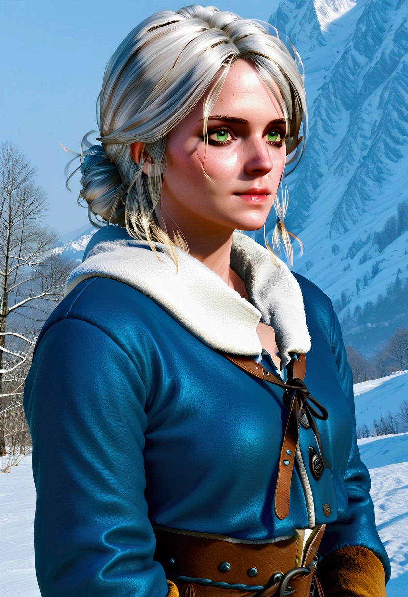 
The witcher 3 game, Ciri in winter clothes, looking at the camera, hyper-realistic style, detailed, winter, outline