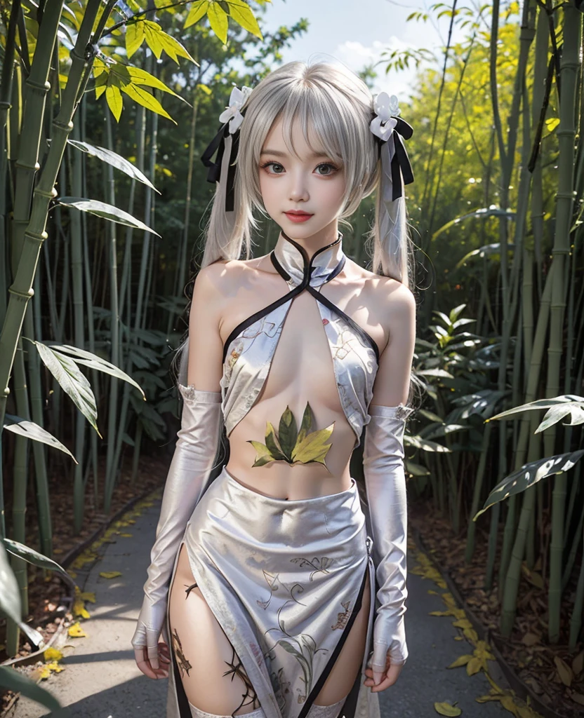 Ultra high quality,  super high resolution ,  Ultra High Definition, masterpiece, Award-winning photo,  high performance medium format digital camera and super high performance lens , 16k, Vivid,  Color Difference,  exquisite, sharp focus, ((A very detailed, beautiful goddess, as if she had descended from the sky.)), ( Stroll through a forest of autumn bamboo shoots deciduous broad-leaved trees in the large garden of a large mansion, tree々The leaves are turning red and yellow., Falling leaves are scattered all over the ground.), (Kasugano Sora, long white hair, twintails, hair ribbon, hair ornament, china dress, elbow gloves, thighhighs, standing), (( Perfect Anatomy:1.5)), (((1 girl))), (beautiful girl:1.6), ((Flat Chest:1.8)), Very beautiful and clear skin,  Smooth Skin Like Sparkling Silk ,  Highly Detailed Face and Skin Textures , Small cute face, (:1.7),  thin eyebrows:1.2,  double eyelids in judo uniforms, (( big eyes:1.1)), Very detailed and beautiful eyes, Perfect symmetry and perfect eyes, Perfect Plump Lips, Nose is too small, Petite body:1.6,  Extremely Detailed and Perfect Beautiful Hands :1.2, Beautiful arms, Beautiful thighs,  beautiful legs,  Extremely Beautiful, Lovely, and Seductive Navel , Very beautiful, small, adorable, and seductive breasts.,  Extremely Beautiful, and Seductive Navel , erection of nipple, Very beautiful, small, adorable, and seductive areola., Very beautiful and adorable enchanting female genitalia,  Extremely Beautiful and Seductive Groin , Very beautiful and small and adorable enchanting buttocks, Very fine and beautiful silvery white hair,  smiles,