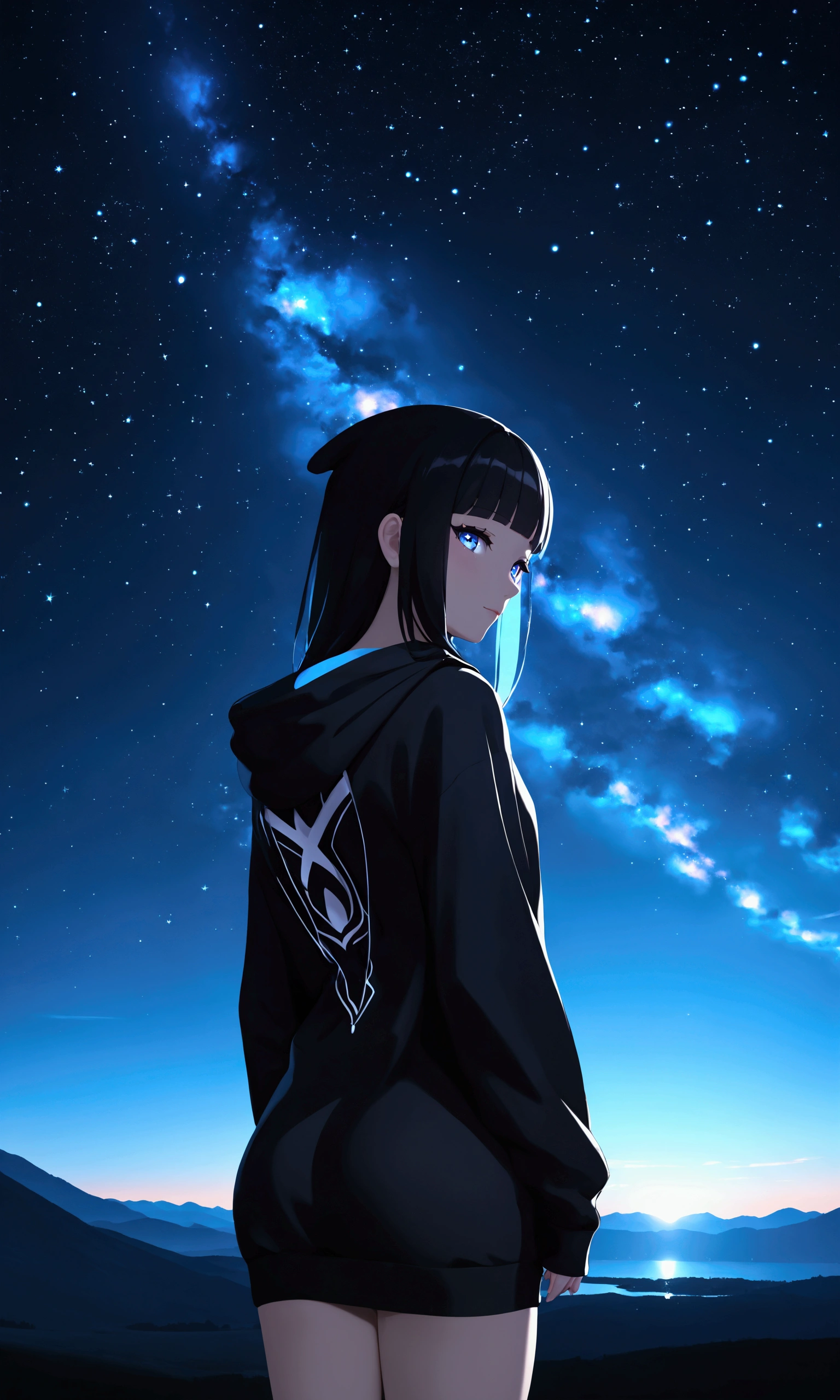 masterpiece++, best quality++, (starry sky)+++, (midnight)++++, (beautiful background)+++, perfect, 4K, 8K, cinematic, vivid colors, beautiful, (beatiful night lights), background, (colorful nightsky)++, (beautiful landscape)+, (1girl from the back)+++, (black hooded sweatshirt)+++, (watching the landscape)+++, (not looking back)++, big sky,  girl, (black silhouette)+++
