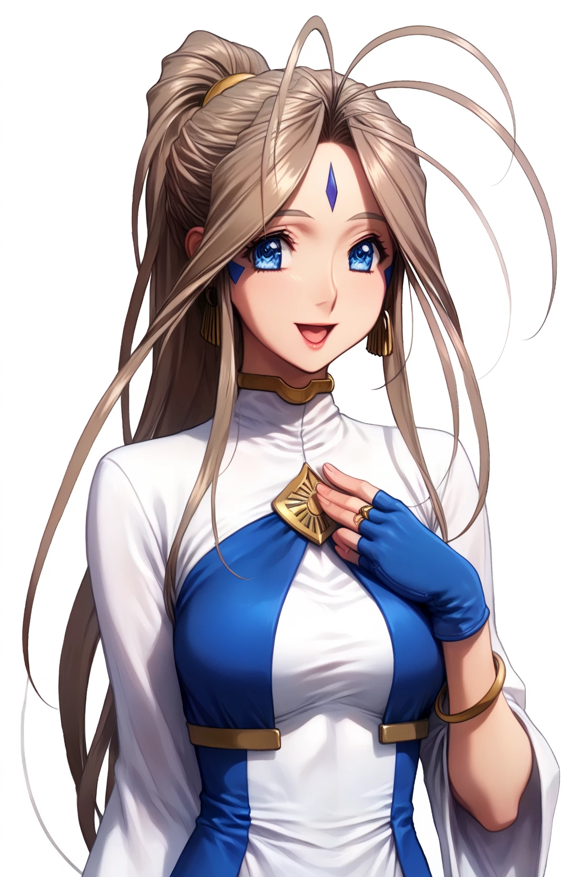 sfw, 1goddess, solo, (priestess, priestess short-neck dress), (short-neck), long sleeves, ((Blue-Trimmed-Dresses, Blue-Trim-clothes)), shiny, shiny white skin, (closed front clothes:1.6), calm smile, open mouth, open palm, arms_down, (full bust:1.5, glamorous, Curvy body, Slim waist), 
BREAK, Lovebell-SDXL, Belldandy, long ponytail, brown hair, blue eyes, parted lips, gold choker, ((fingerless_blue_short_gloves:1.5)), bracelet, earring, wedding_silver_ring on left_hand_ring_finger, gold anklet, (elegant mature woman), safety, tranquility, 
BREAK, simple background, transparent background, 
BREAK, extreme quality, cg, (detailed eyes,and face), (bright colors), (anime), impact, masterpiece, top tier, extravagant, 8k, unity wallpaper, unreal engine 5, ray tracing, 8k, cinematic, varied depth of field, octane render, tone mapping, hyper focus, detailed hand, 
BREAK, cowboy shot, ((standing)), dynamic angle, 