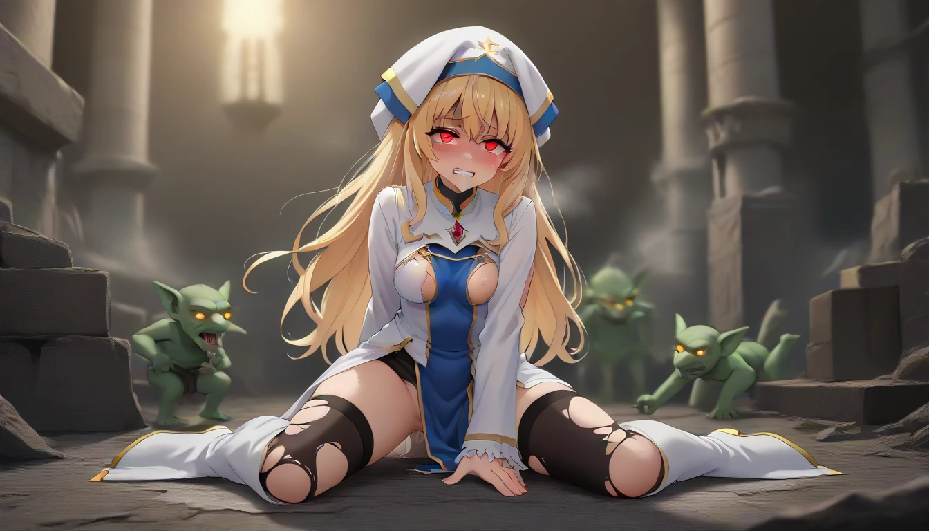 score_9, score_8_up, score_7_up, source_anime, official art, anime screencap, explicit, nsfw, (1girl), (red eyes:1.7), big eyes, priestess-default,　priestess \(goblin slayer!\),long hair, blonde hair,white headwear,white dress,frilled sleeves, blue pelvic curtain,(black shorts:0.9),thighhighs,white boots, big breast, curvy,(orgasm face:1.6),(rolling eyes:1.4), (shaded face:1.4),(clenched teeth:1.4), (glowing eyes:1.8), (blush:1.6), (sweat:1.4),(saliva:1.4),(breathing:1.4), (6goblin:1.2),(many goblins:1.6),(full body:1.2),(side view:0.8),(rape:1.6), (torn clothes:1.6), head tilt, (Ruins:1.2),(High color saturation:1.4),very aesthetic, absurdres, out of frame, masterpiece, high quality, high details