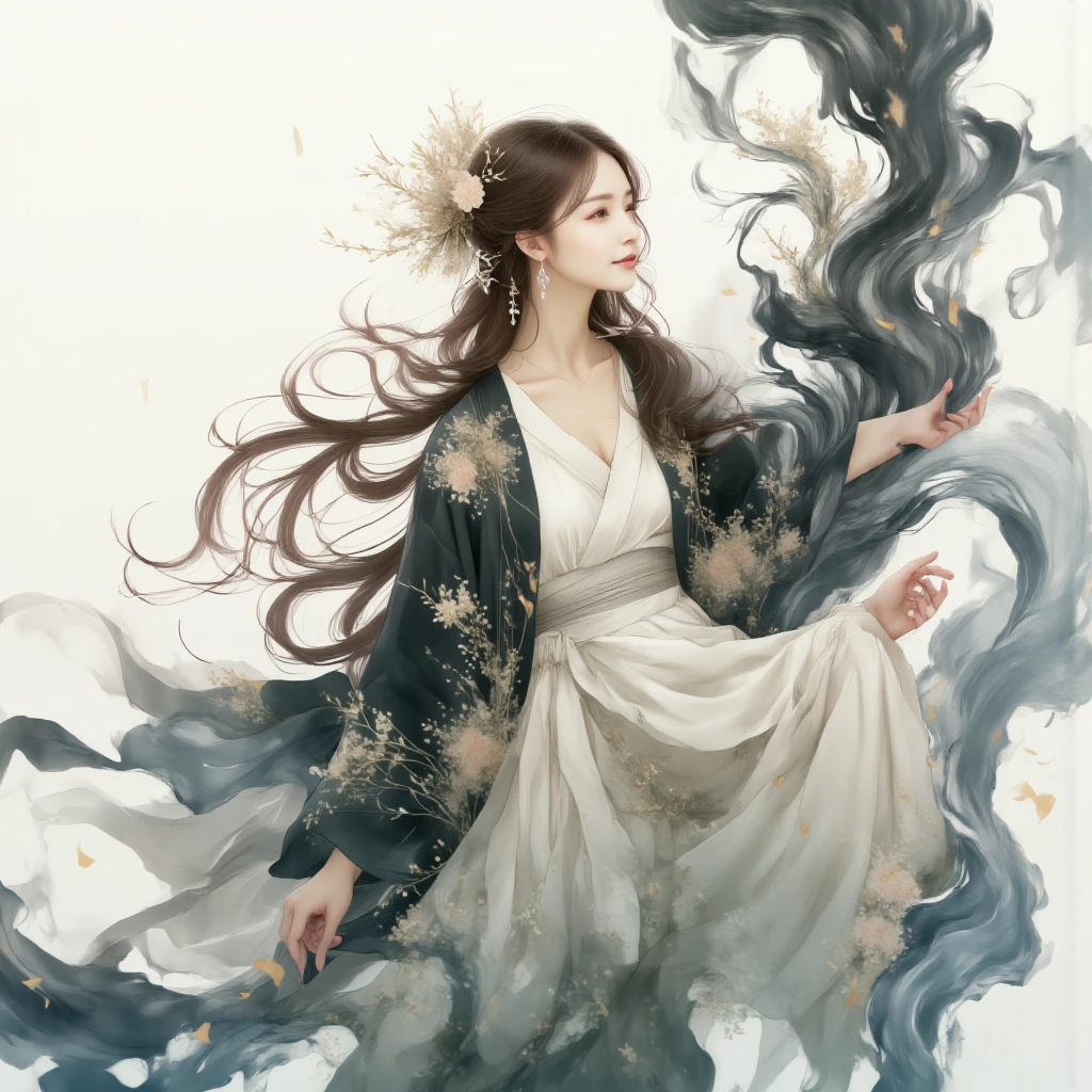 Fantasy style illustration , The asian woman in Fluid Fragments, morphing seamlessly between an array of abstract white and black compositions, each transformation transcending traditional definition and expectation.She is wearing Yukata coloured black and White.It felt as if half of her body dissolved into the wind, drifting away into the air.

surreal, (best quality, masterpiece, photorealistic), very aesthetic, perfect composition, intricate details, ultra-detailed, vivid colors, a motion blur in a dramatic moment.