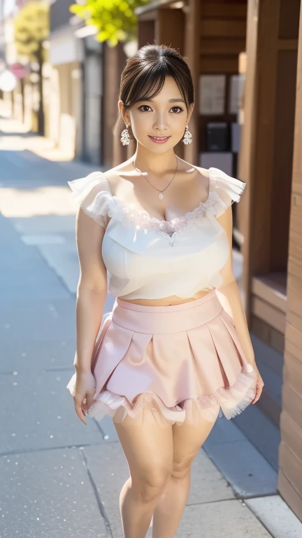 full body shot, from below,  Japanese woman with a viewing angle of, 58 years old,  detailed face , Facial wrinkles, Wrinkles around the eyes, smile,  Detailed Skin Textures ,  white skin,  heavy makeup ,  long hair , curvy body, (earrings,  necklace,  white blouse with ruffles:1.2), (pink tulle skirt, mini skirt:1.3), ( wears high heels:1.2), (Standing on the sidewalk,  full body shot from toe to head wearing black high heels:1.2), (surrealism, best quality, ultra detailed, absolutely resolution, 8k, anatomically correct), depth of field, looking at viewer, tachi-e, (kz), full body,  detailed face 
