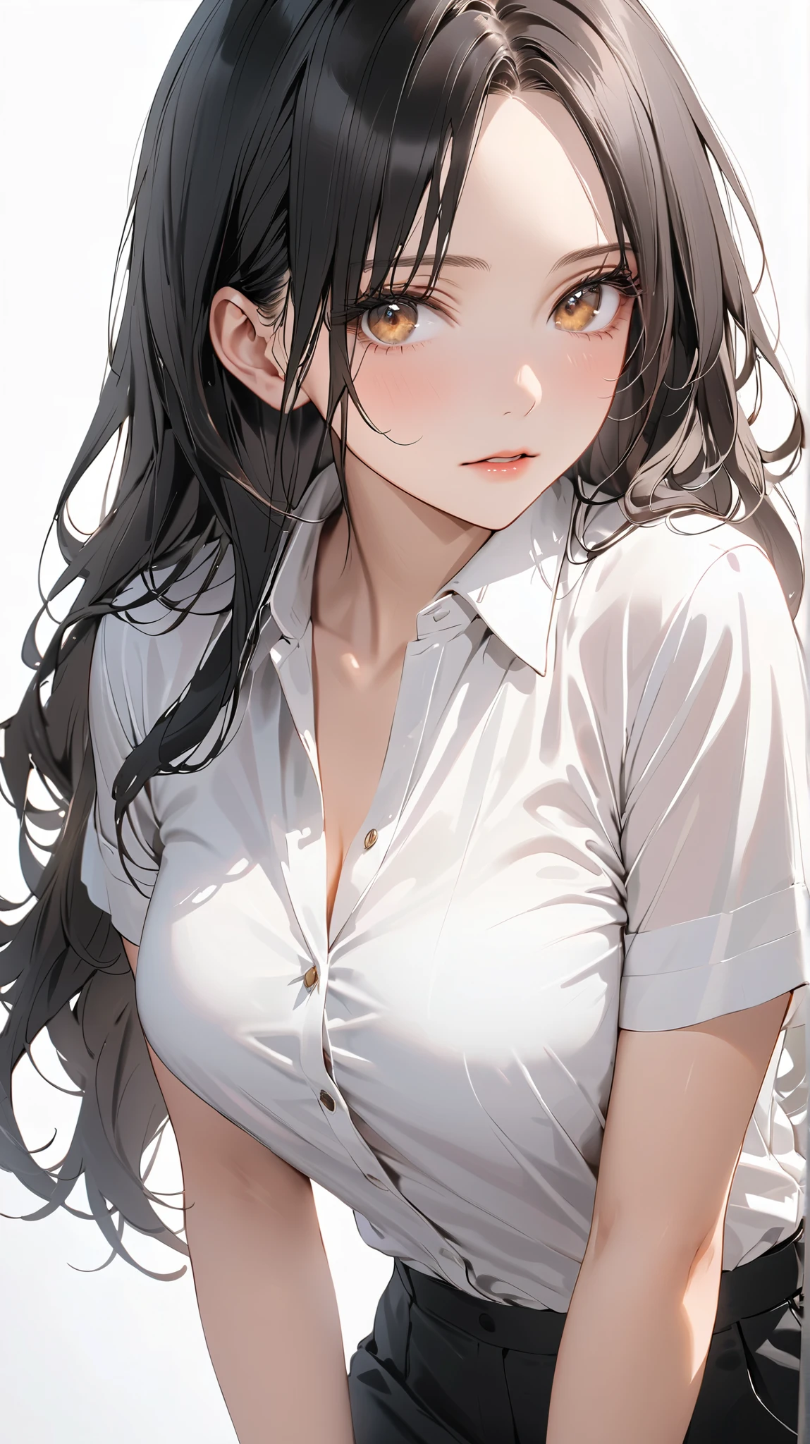 full body display, semi realistic, Masterpiece, Master work, perfect , 4k, 1woman, mature body, slim body, medium size breast, straight half body long hair, middle parted hair style, large forehead, black colored hair, pointed eyes, golden eyes, NO expression face, parted lips, calm expression face, wearing buttoned shirt, short sleeves, wearing formal pants, standing pose, white background, high res, ultrasharp, 8K, masterpiece, looking at the viewer (masterpiece), best quality, expressive eyes, perfect face