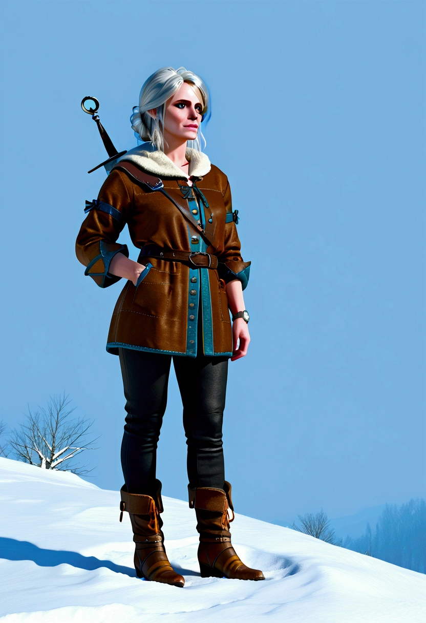 
The witcher 3 game, Ciri in winter clothes, looking at the camera, hyper-realistic style, detailed, winter, outline, full body visible, watch to the camera, witcher outfit