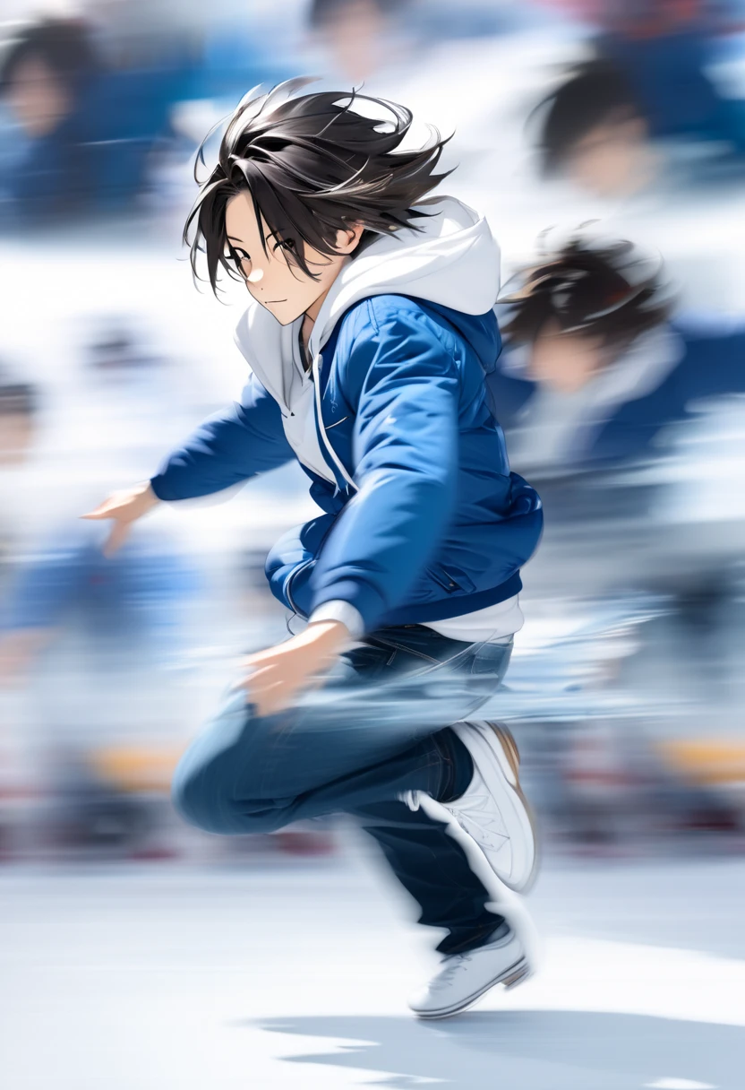  handsome young man with dark hair"Asuka" , breakdancing on ice ･Handstand Fast Spin (( motion blur :4.5 ,  double exposure :1.2 , Afterimage effect:2.5 ,  Blurred Background)) , serious face ,  wearing a white hoodie and blue jacket in jeans , 