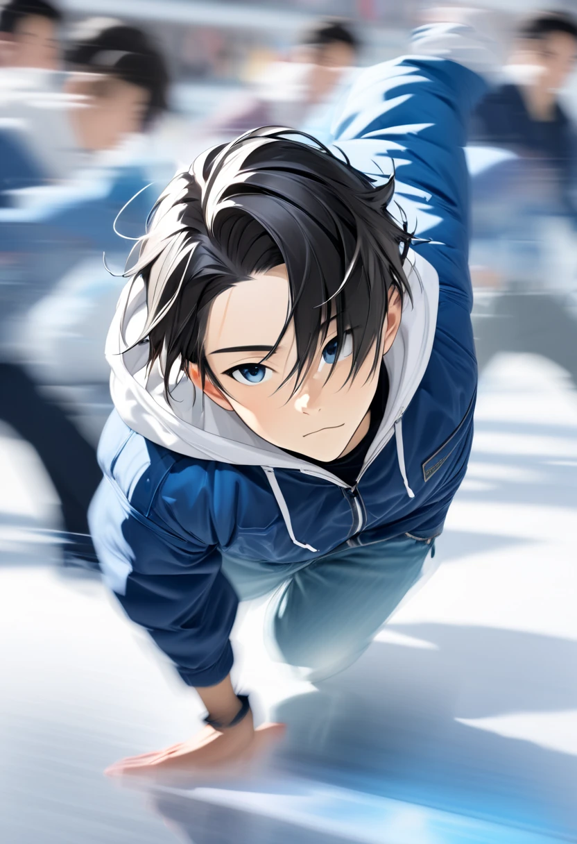  handsome young man with dark hair"Asuka" , breakdancing on ice ･Handstand Fast Spin (( motion blur :4.5 ,  double exposure :1.2 , Afterimage effect:2.5 ,  Blurred Background)) , serious face ,  wearing a white hoodie and blue jacket in jeans , 