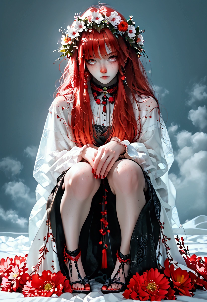 girl with red hair and ((freckles)) ((Slavic woman)) in ((traditional Slavic clothing)) ((full length)) with ((a wreath of flowers on her head))