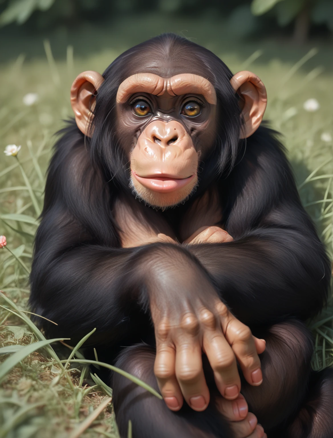 score_9, score_8_up, score_7_up, ((solo)) (((feral, chimpanzee))), (female), looking at viewer, laying on back, best quality, shaded, extreme detail, highly detailed, ultradetailed, intricate, realistic, detailed background, hi res, (Detailed fur), Perfect hands, fur, detailed fur, body fur, tuft, fluffy, hd, photo, 4k, sfw, 